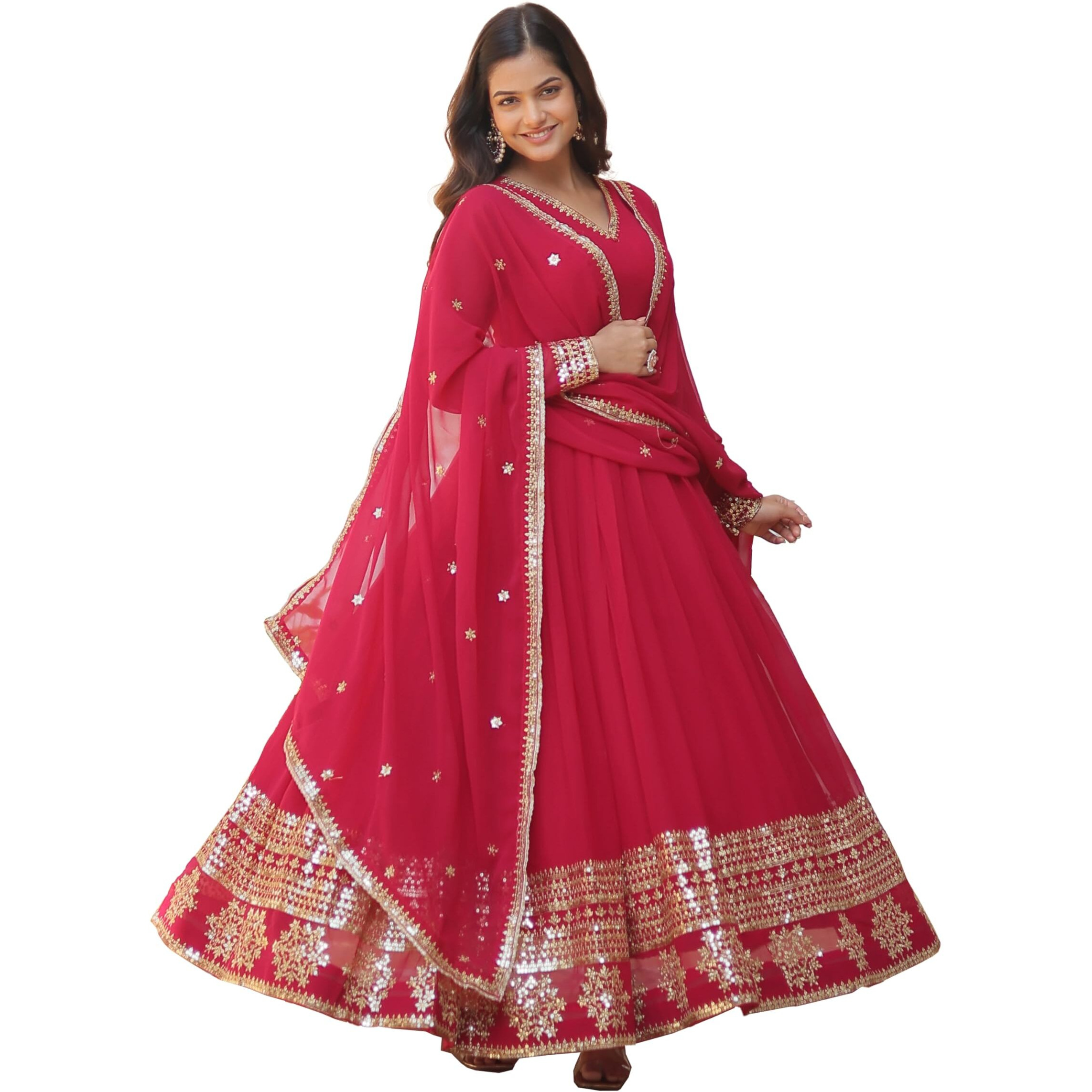 Fashion Basket Women's Multi Georgette Anarkali kurta set with Duptta For Women (Pink, L)