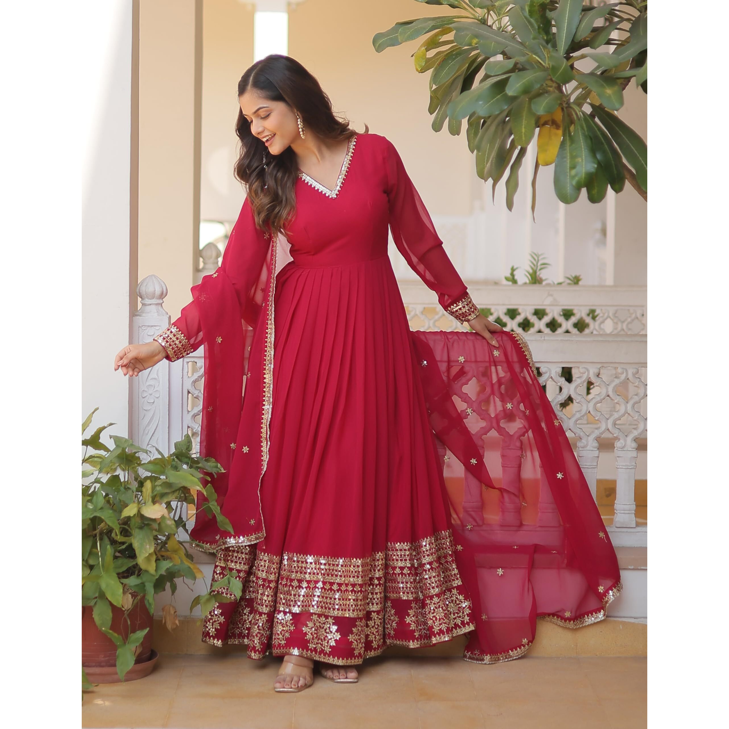 Fashion Basket Women's Multi Georgette Anarkali kurta set with Duptta For Women (Pink, L)