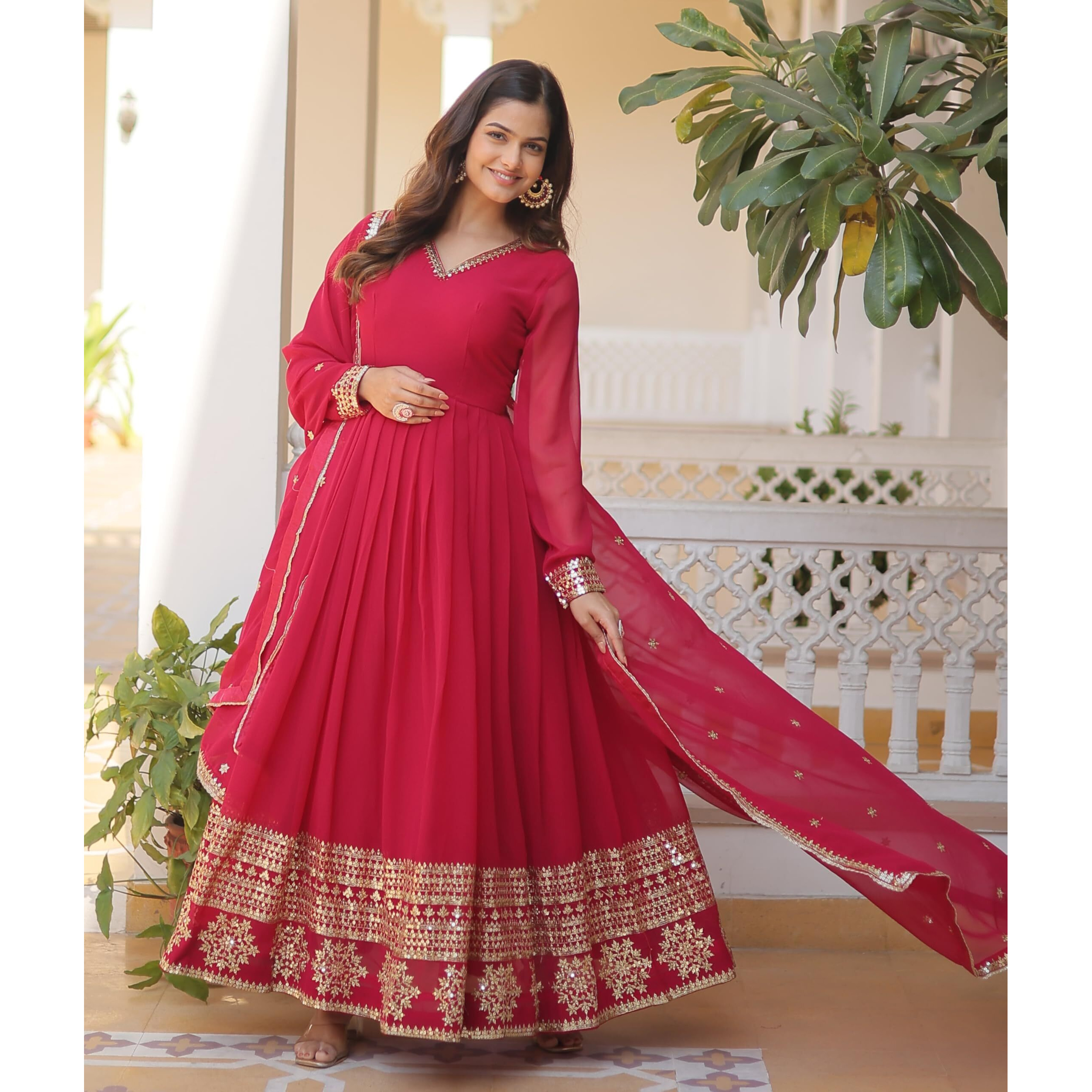 Fashion Basket Women's Multi Georgette Anarkali kurta set with Duptta For Women (Pink, L)