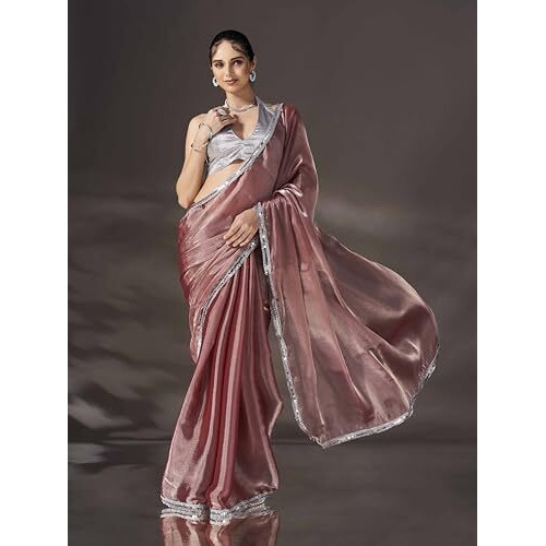 Womanista Women's Jimmychoo Solid Saree Embellished Lace With Un-stitched blouse
