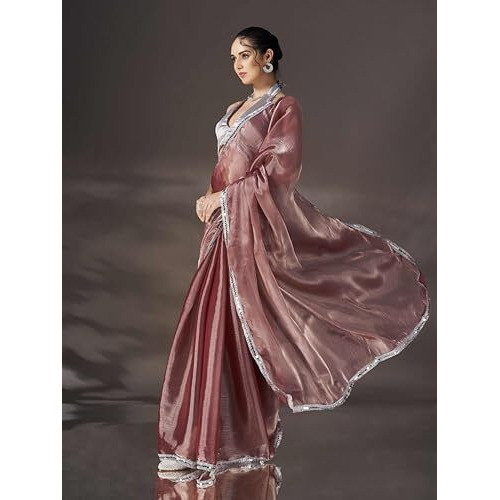 Womanista Women's Jimmychoo Solid Saree Embellished Lace With Un-stitched blouse