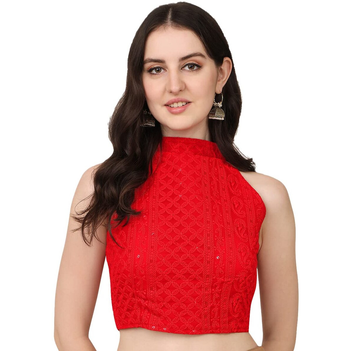 Vihu Fashion Women's Silk Solid Sleeveless Regular Blouse (Halter Neck Red 38)