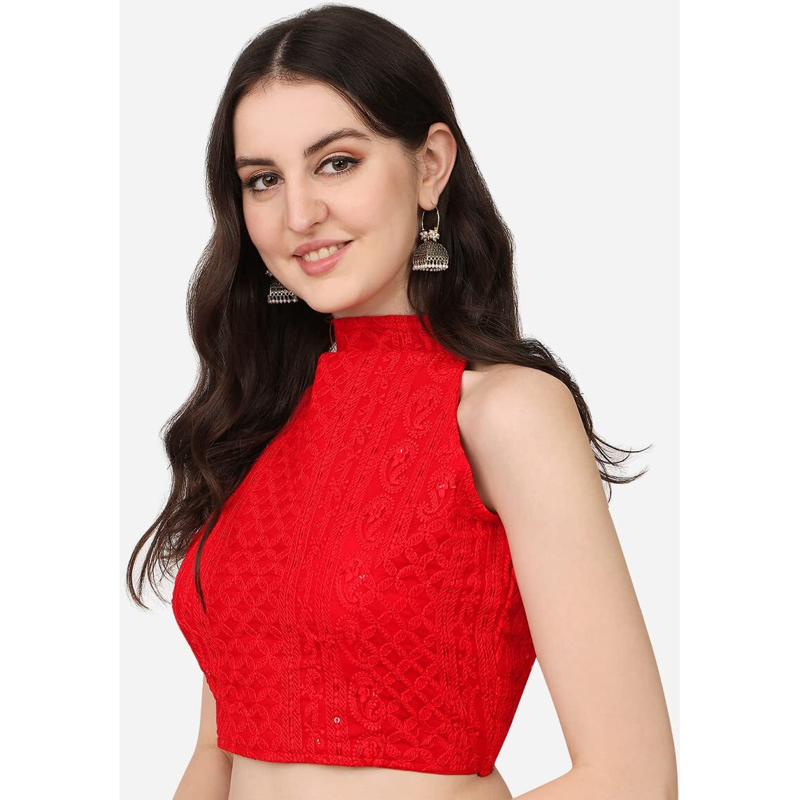 Vihu Fashion Women's Silk Solid Sleeveless Regular Blouse (Halter Neck Red 38)