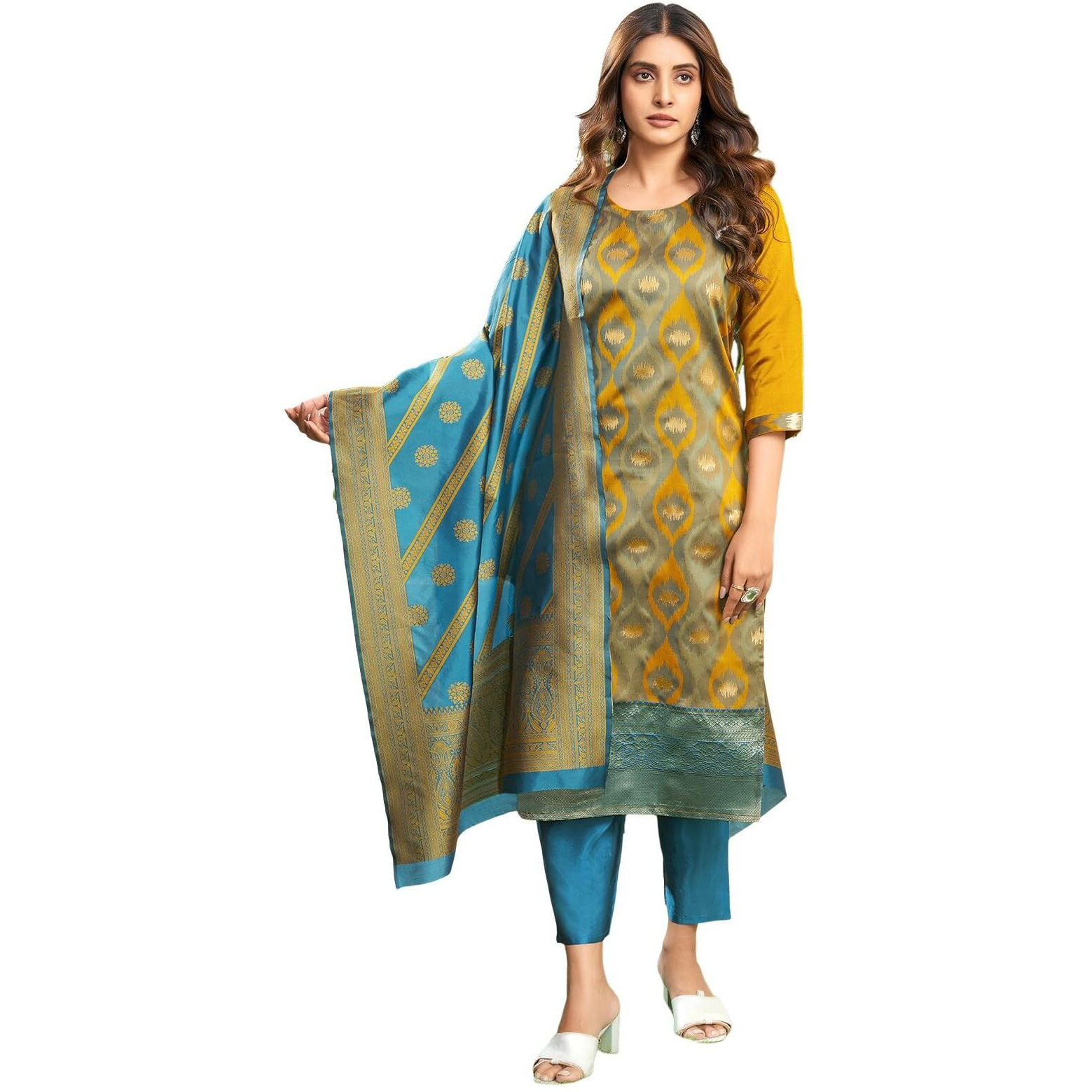 Sanisa Women's Silk Blend Jacquard Work Straight Kurta with Pant and Dupatta Set (222KBD2353N-XL_Turmeric Yellow & Teal Blue & Golden)