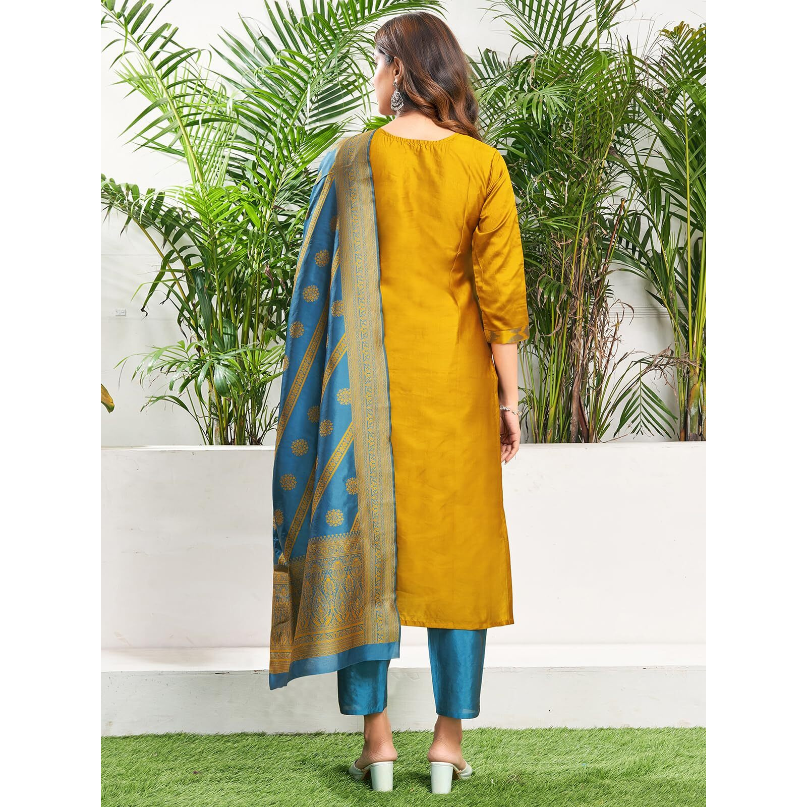 Sanisa Women's Silk Blend Jacquard Work Straight Kurta with Pant and Dupatta Set (222KBD2353N-XL_Turmeric Yellow & Teal Blue & Golden)