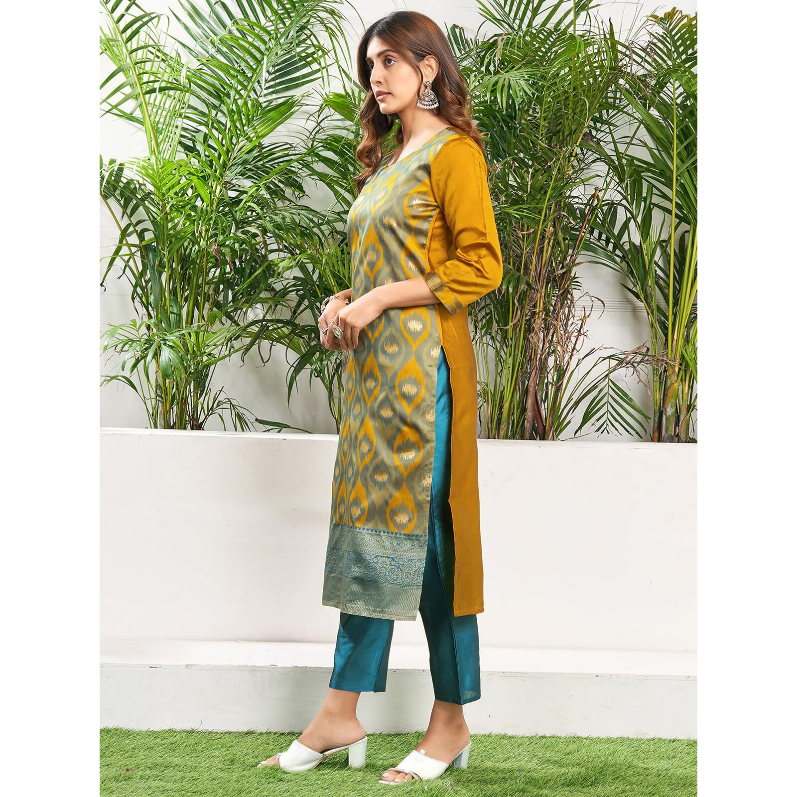 Sanisa Women's Silk Blend Jacquard Work Straight Kurta with Pant and Dupatta Set (222KBD2353N-XL_Turmeric Yellow & Teal Blue & Golden)