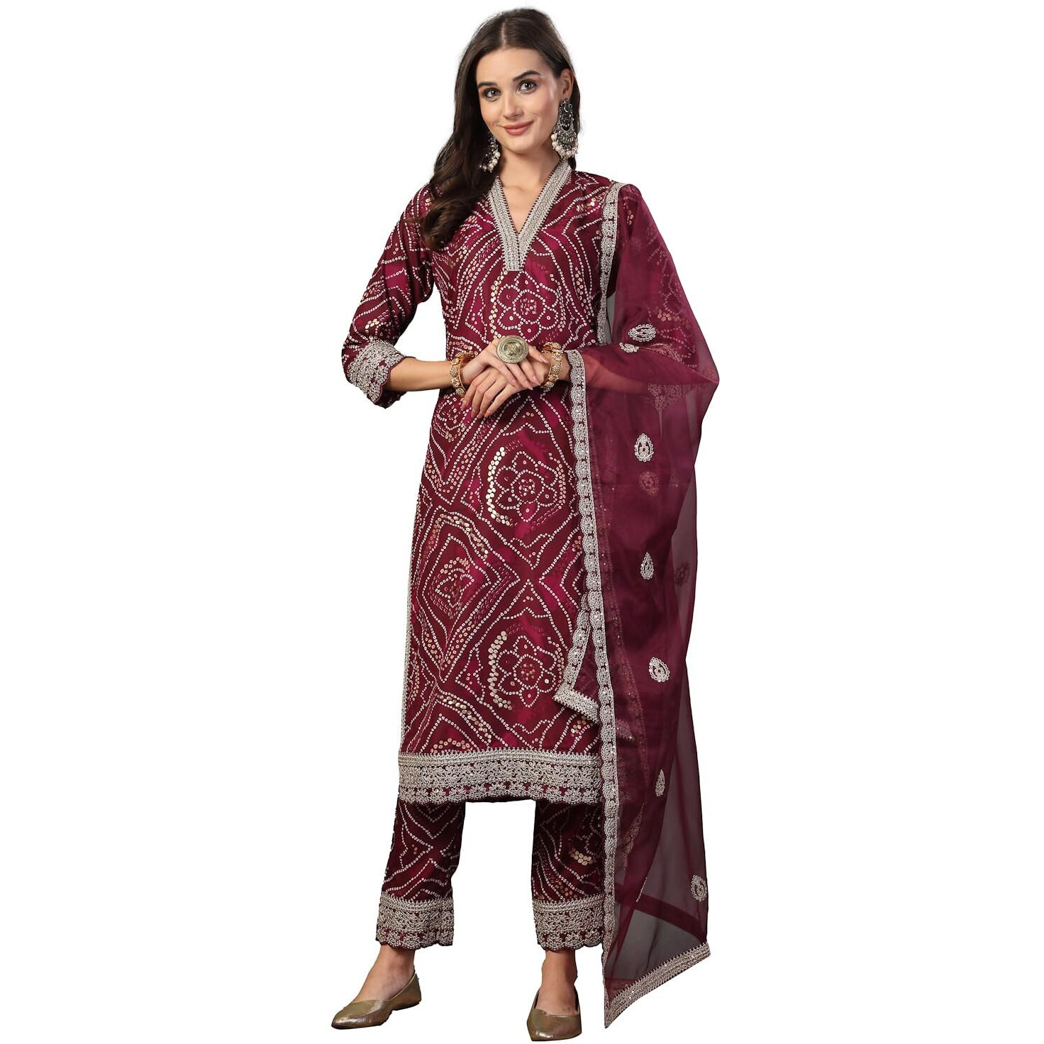 Stylum Women's Bandhani Print & Embroidered Muslin Straight Kurta Pant Dupatta Set (KPDVOILBANNO38_Violet, M)