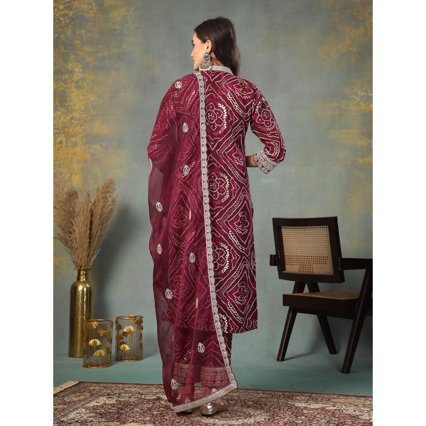 Stylum Women's Bandhani Print & Embroidered Muslin Straight Kurta Pant Dupatta Set (KPDVOILBANNO38_Violet, M)