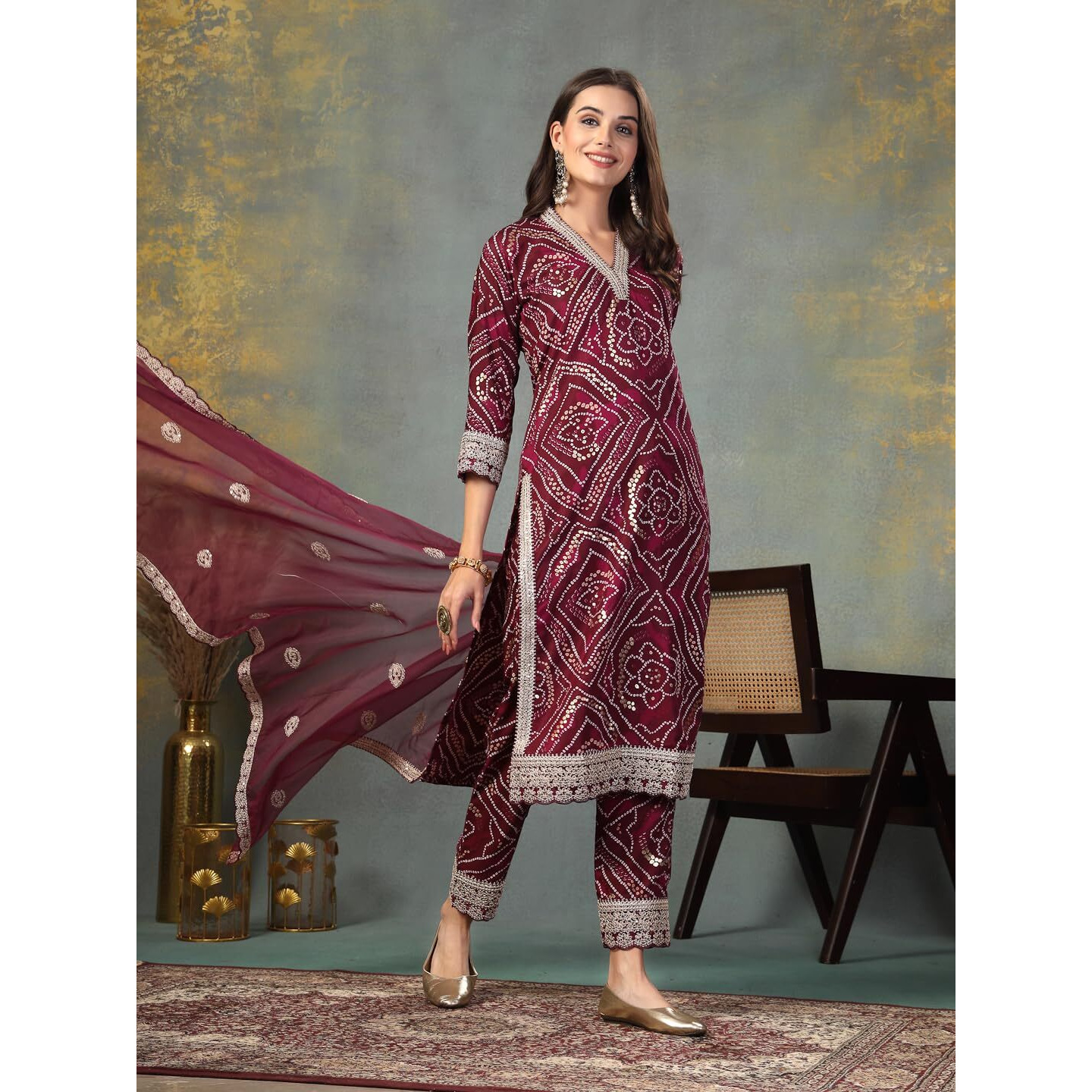 Stylum Women's Bandhani Print & Embroidered Muslin Straight Kurta Pant Dupatta Set (KPDVOILBANNO38_Violet, M)