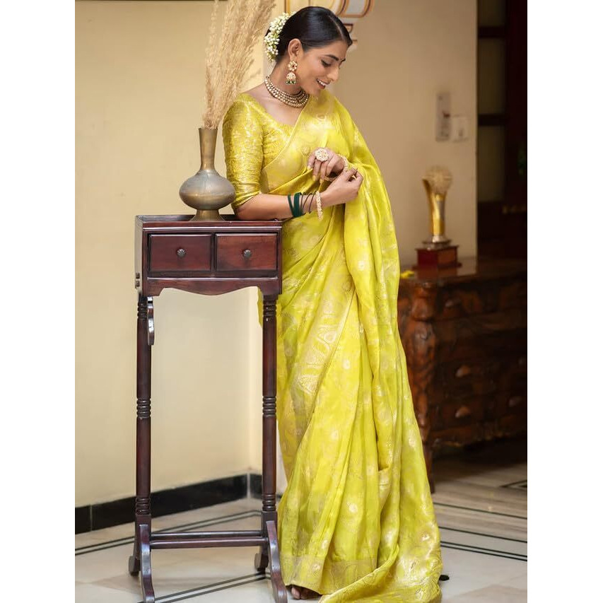 Satrani Women's Art Silk Jacquard Saree with Unstitched Blouse Piece (3584S354N_Lime Green)