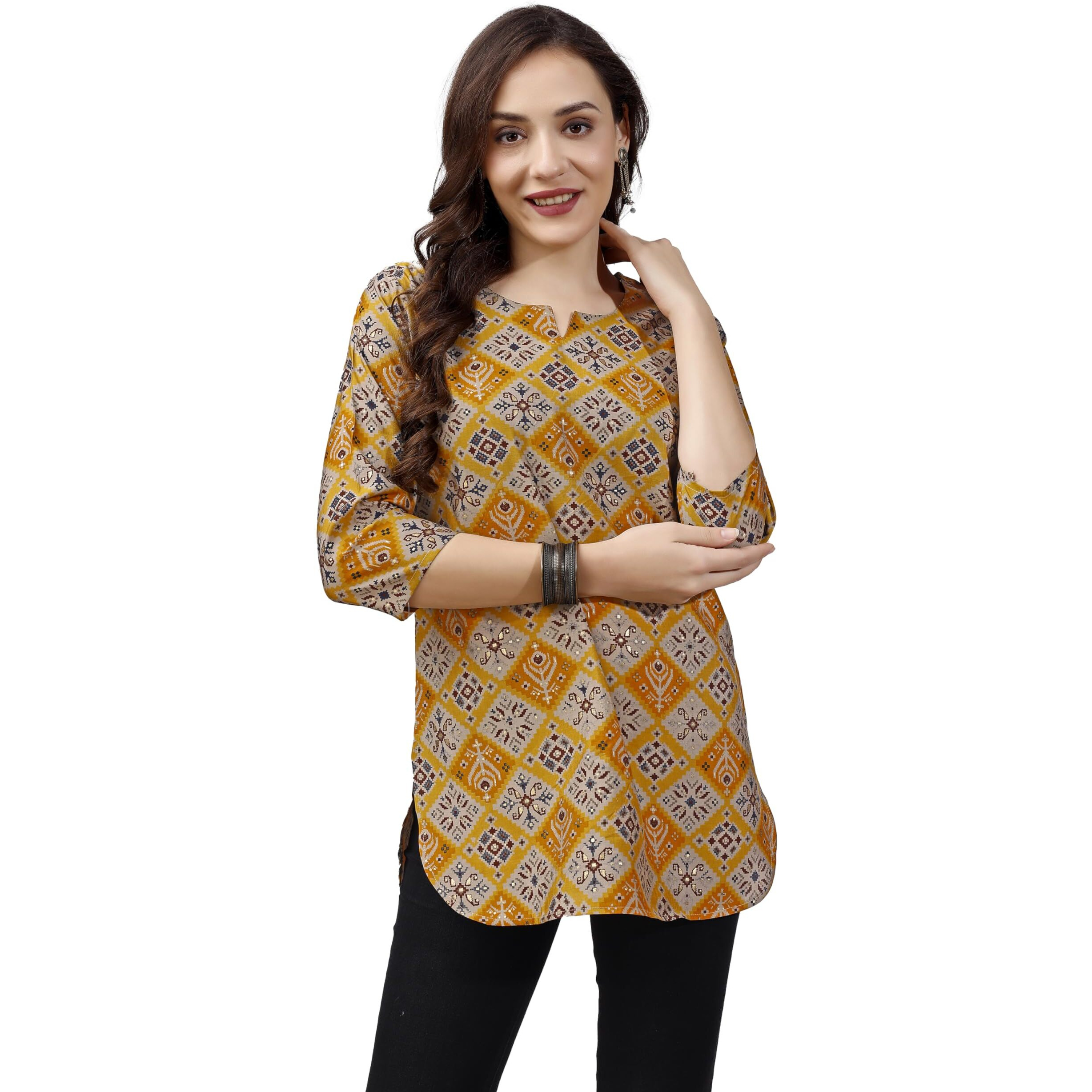 SMOWKLY Ethnic Kurta || Printed Cotton Kurta || Womens Casual wear || Colorful Traditional top || Comfortable Womens Fashion || Stylish Ethnic Clothing (1454_Yellow_M)