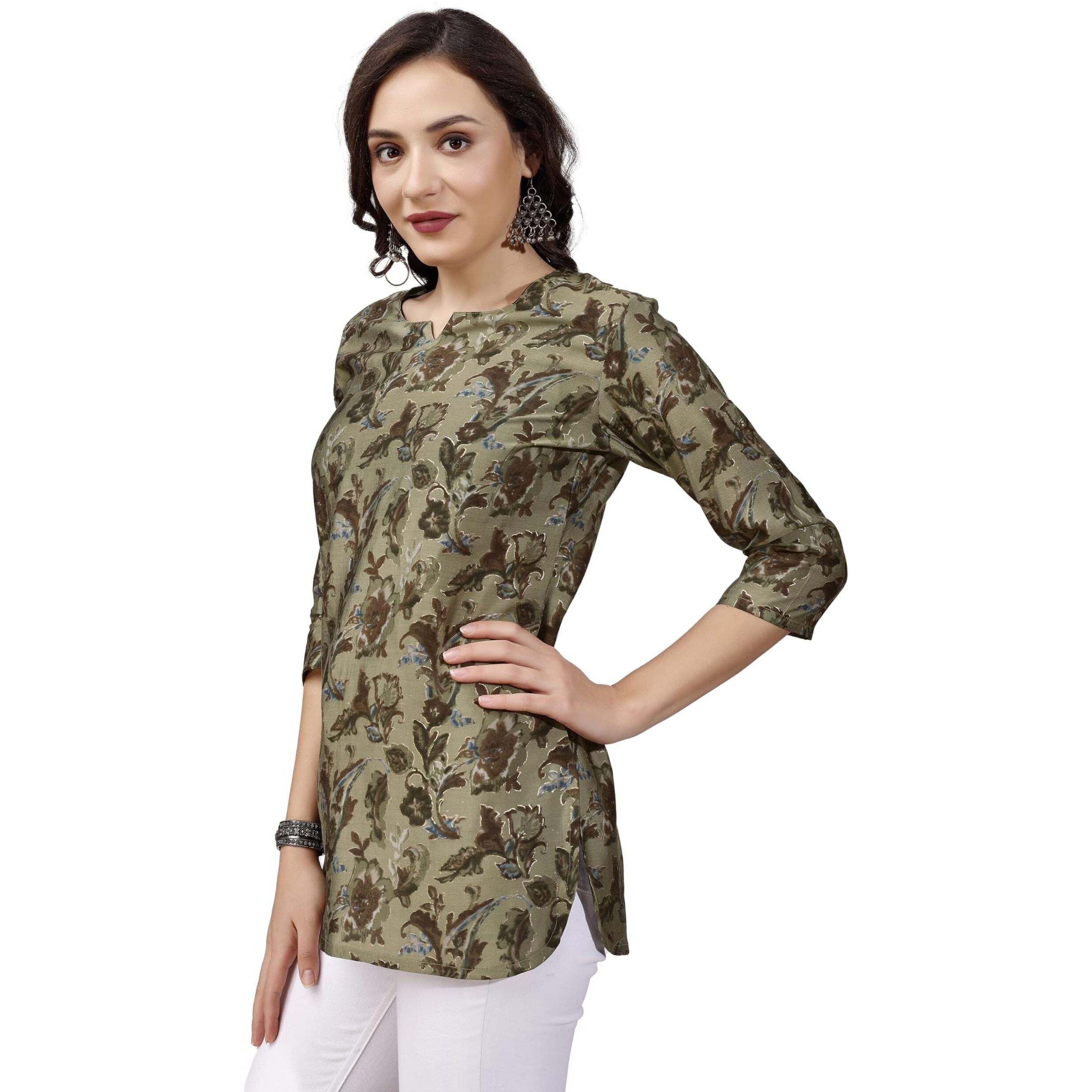 SMOWKLY Ethnic Kurta || Printed Cotton Kurta || Womens Casual wear || Colorful Traditional top || Comfortable Womens Fashion || Stylish Ethnic Clothing (1449_Olive_S)