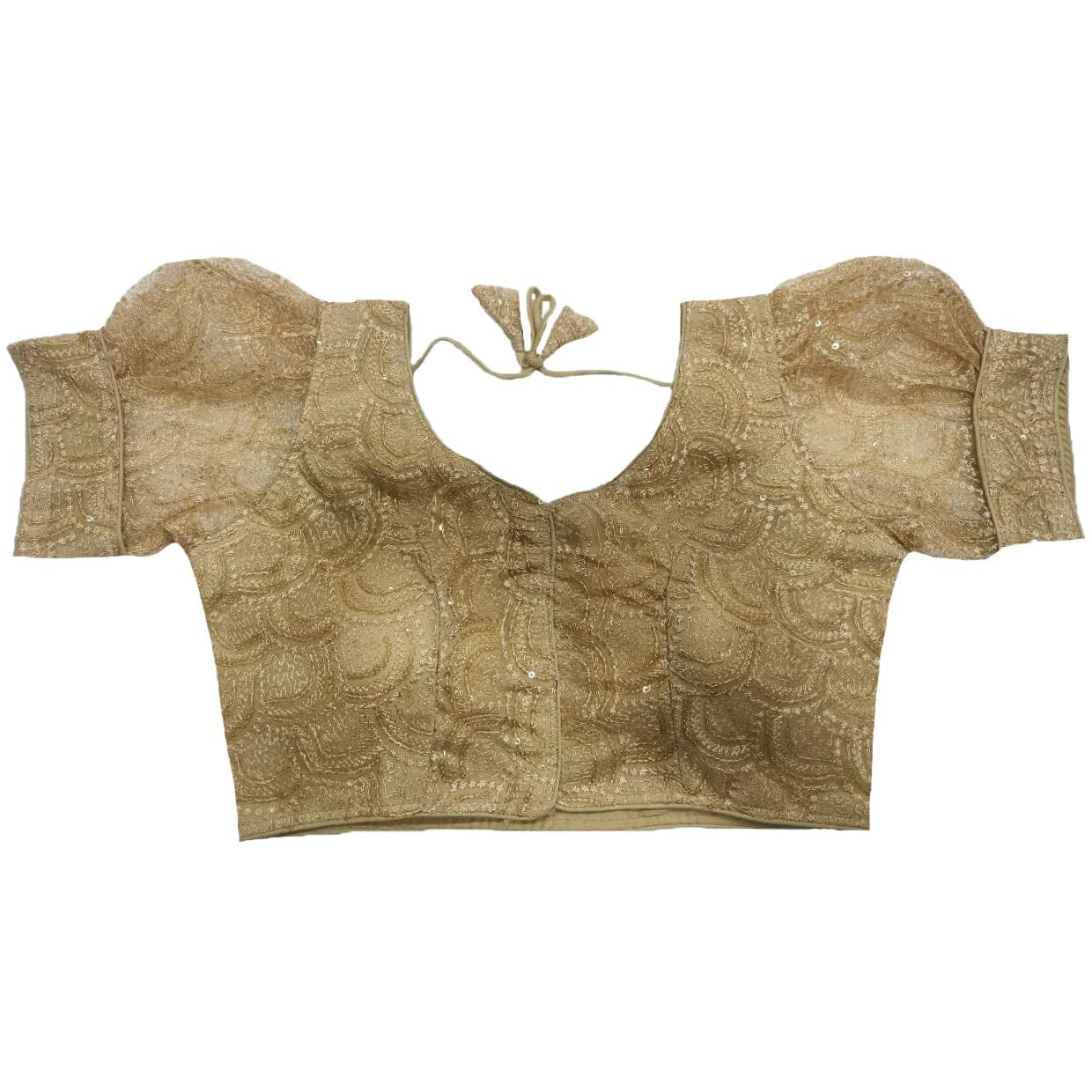 Pujia Mills Womens Readymade Indian Ethnic Designer Stitched Women's Blouse net Chiken shifli Sequence Embroidery Work Blouse Fancy Puff Sleeve Gold Blouse schhiffli Fabric Saree Blouse for Choli