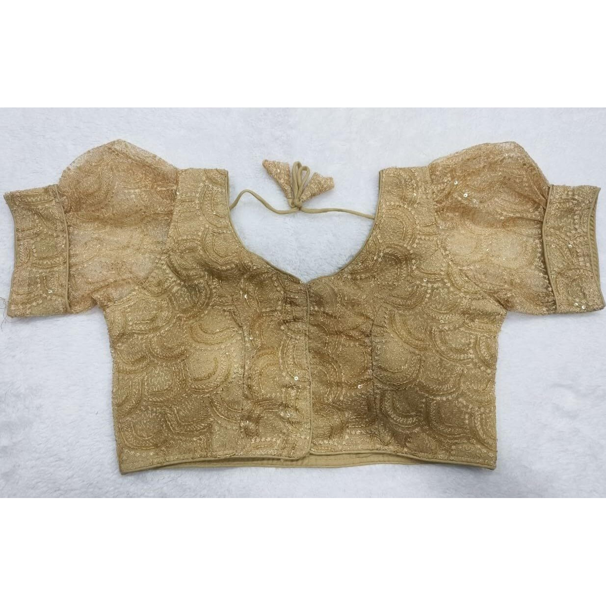 Pujia Mills Womens Readymade Indian Ethnic Designer Stitched Women's Blouse net Chiken shifli Sequence Embroidery Work Blouse Fancy Puff Sleeve Gold Blouse schhiffli Fabric Saree Blouse for Choli