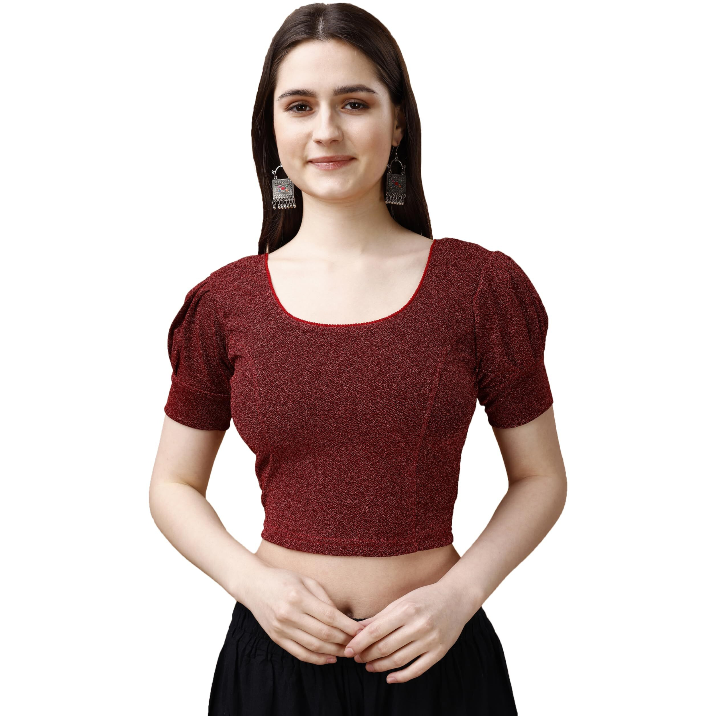 Pujia Mills Women's Readymade Shining Lycra Stretchable Round Neck Half Puff Sleeve Blouses Lycra Stretchable red Color Blouse for Women Readymade Saree Blouse