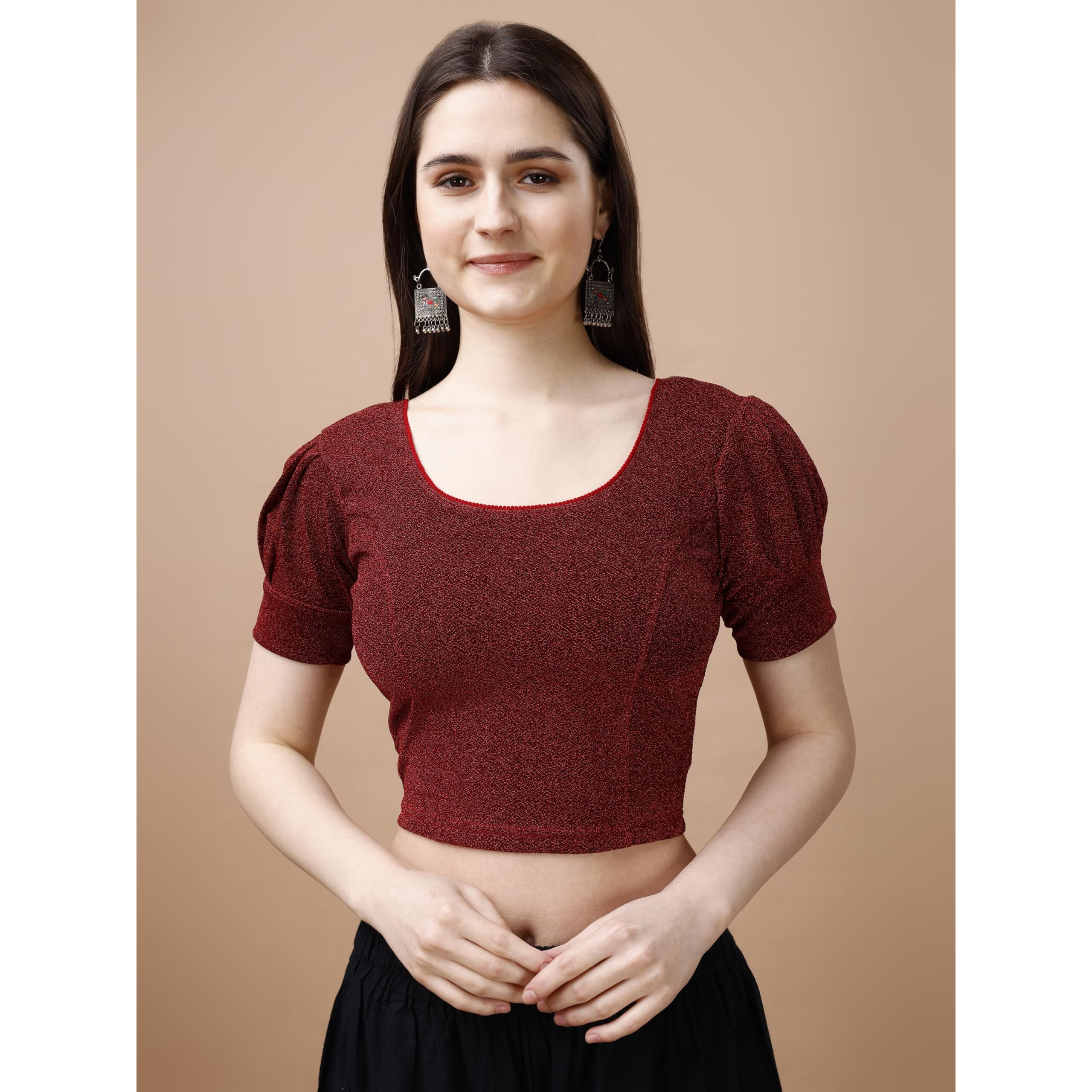 Pujia Mills Women's Readymade Shining Lycra Stretchable Round Neck Half Puff Sleeve Blouses Lycra Stretchable red Color Blouse for Women Readymade Saree Blouse
