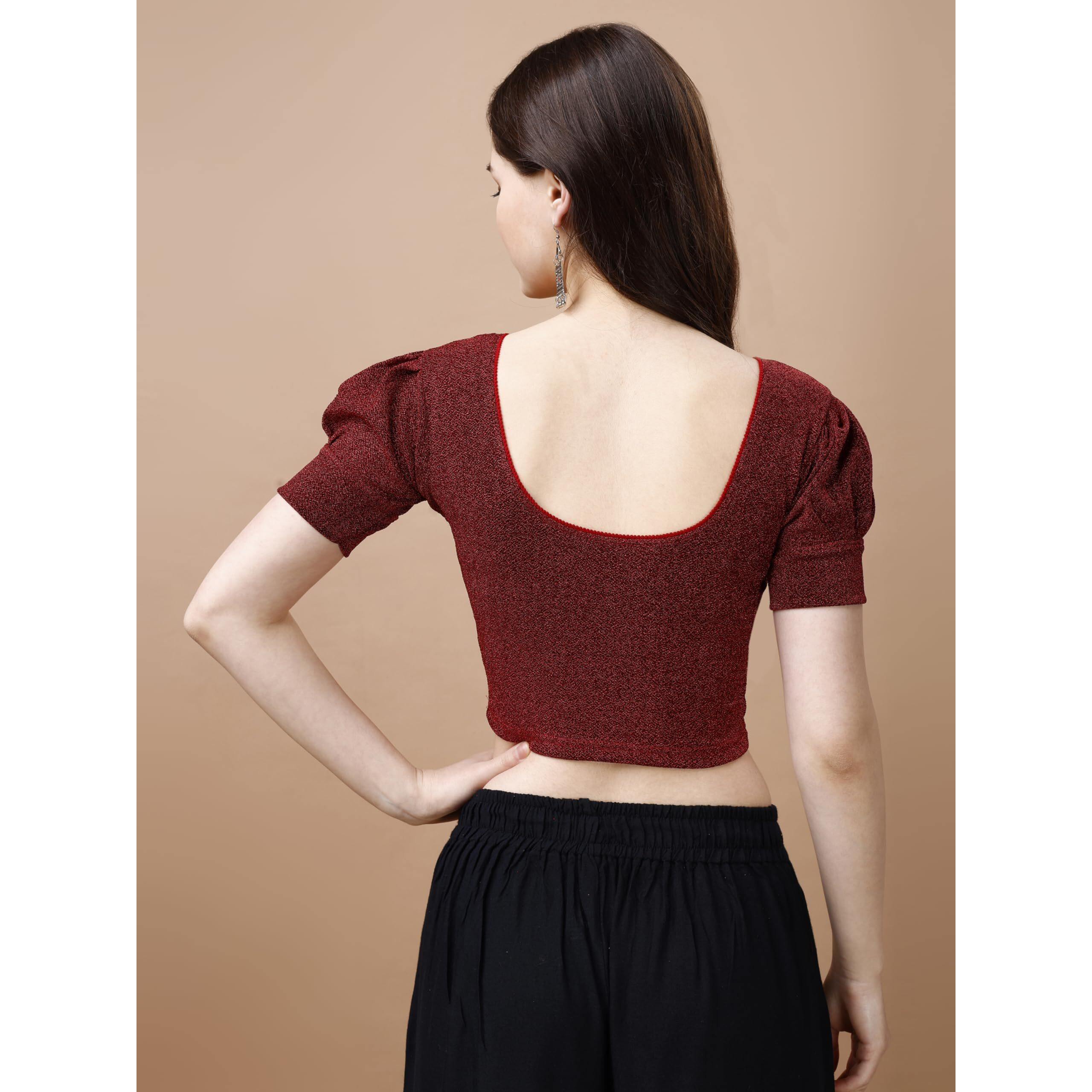 Pujia Mills Women's Readymade Shining Lycra Stretchable Round Neck Half Puff Sleeve Blouses Lycra Stretchable red Color Blouse for Women Readymade Saree Blouse