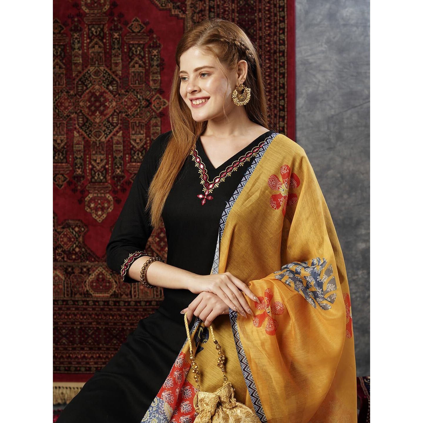 ANNI DESIGNER Women's Cotton Blend Embroidered Straight Kurta with Pant & Dupatta (Fronx Black-JL_XXL_Black_XX-Large)