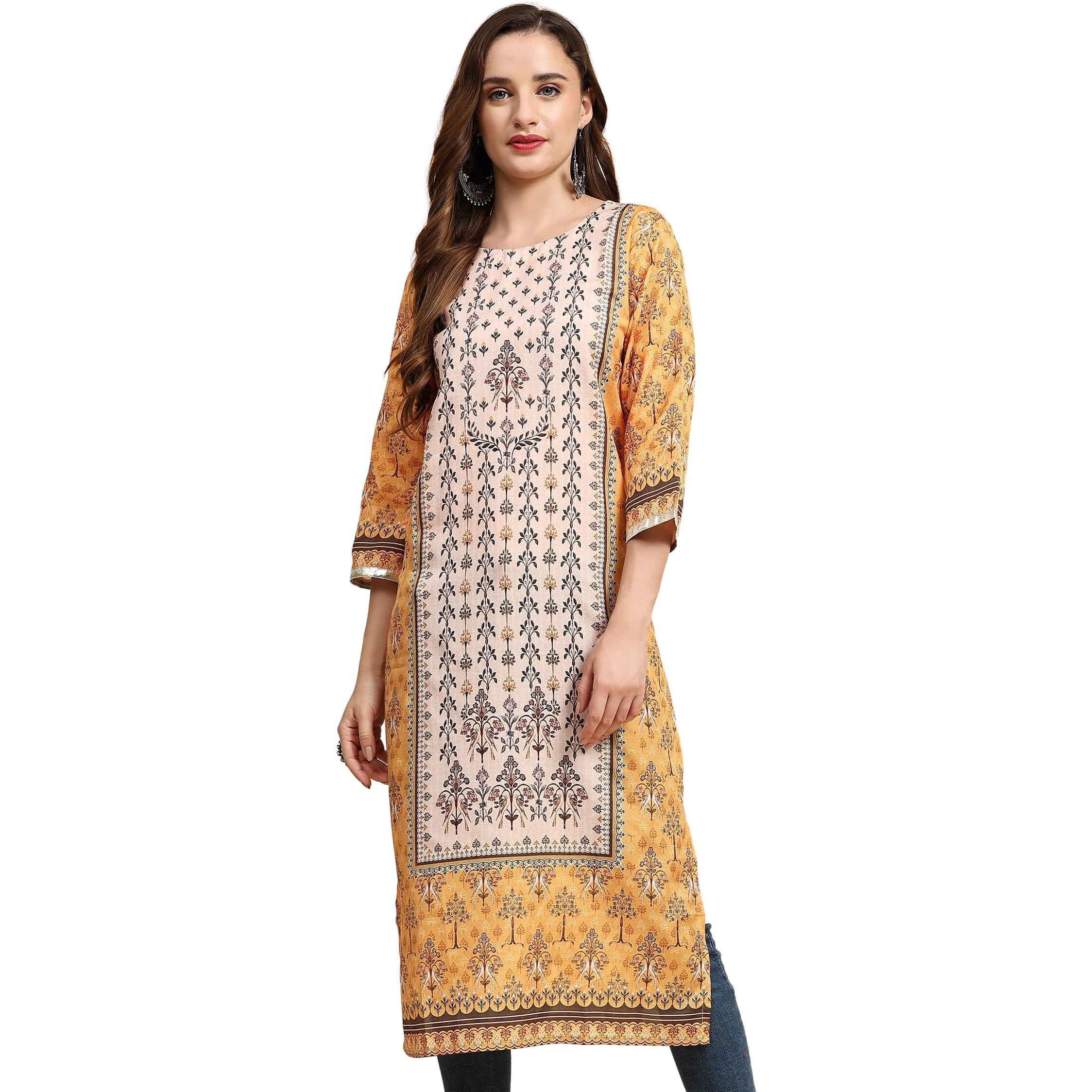 Weavers Villa Women's Cotton Printed Straight Kurta (Medium) Mustard