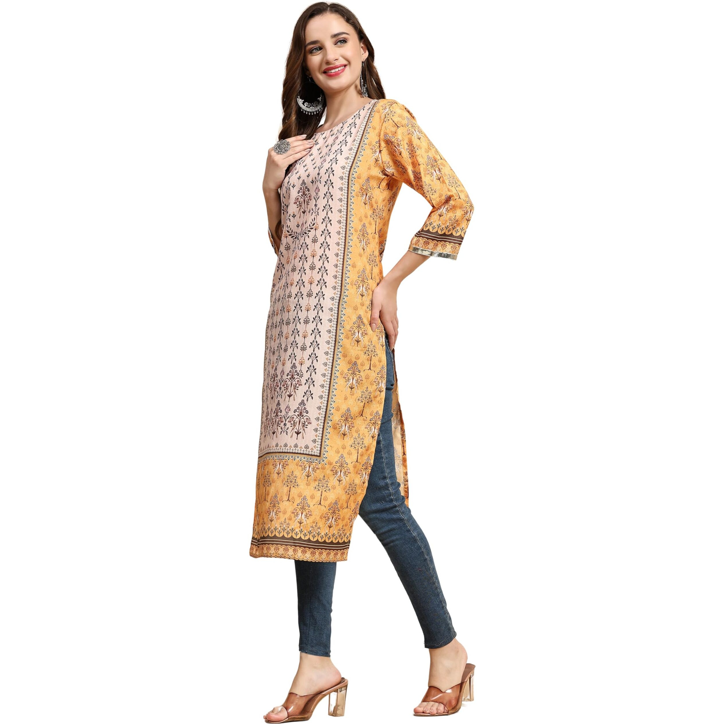 Weavers Villa Women's Cotton Printed Straight Kurta (Medium) Mustard