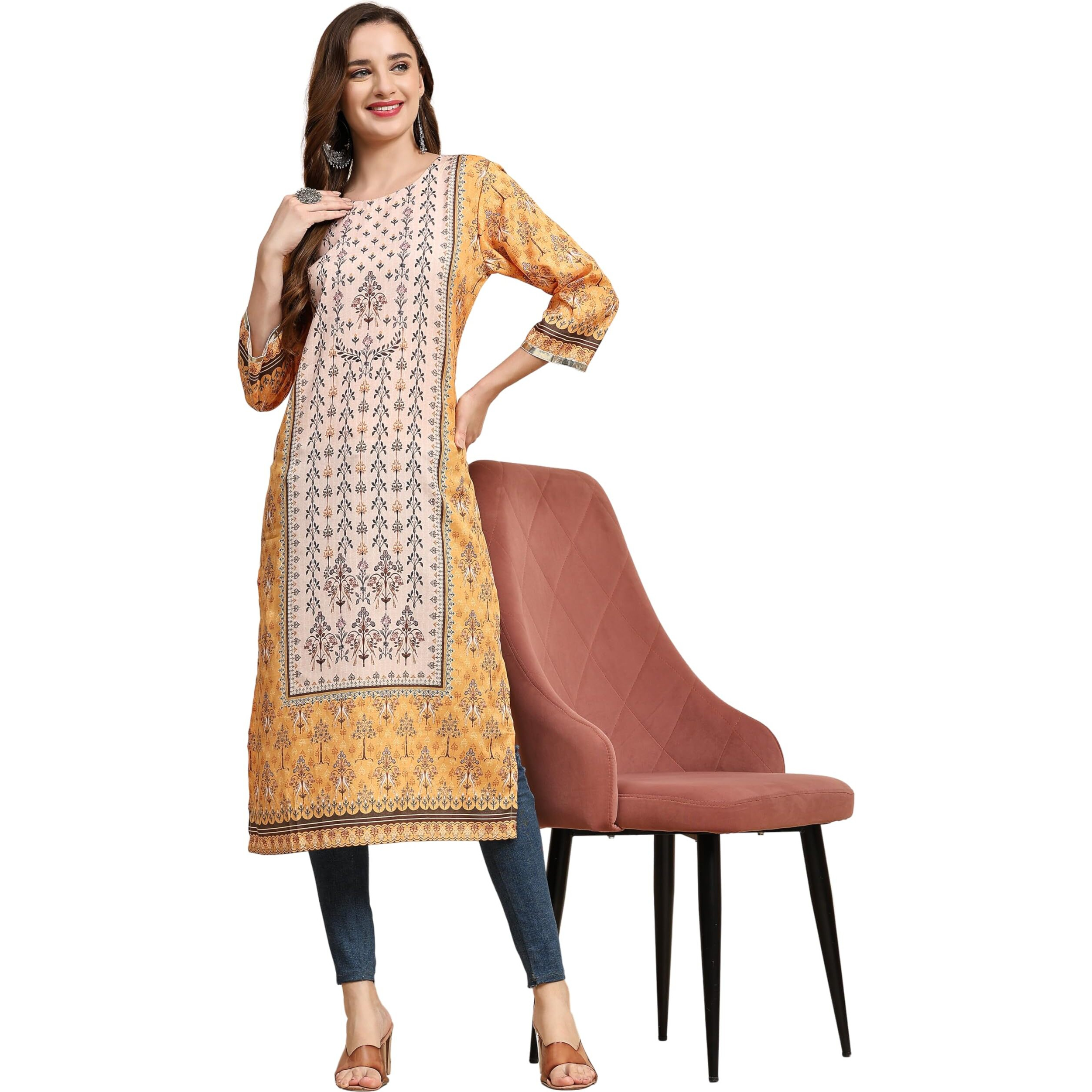 Weavers Villa Women's Cotton Printed Straight Kurta (Medium) Mustard