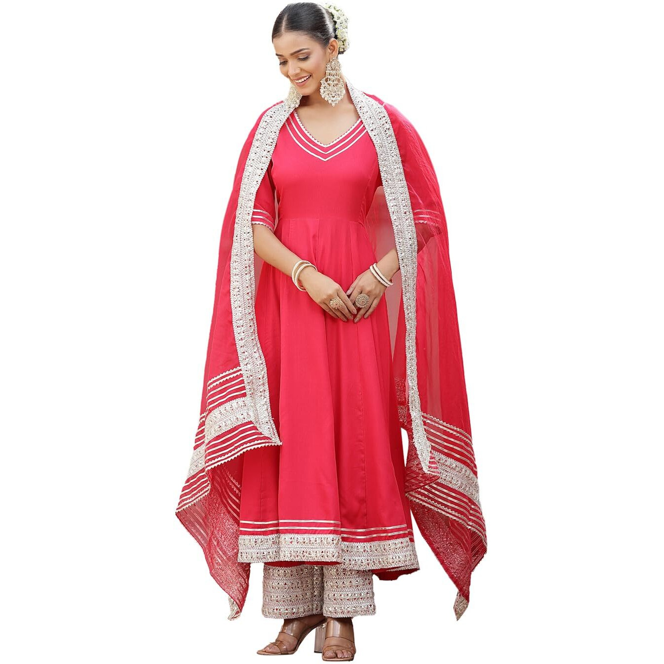 Stylum Women's Solid Rayon Anarkali Kurta Pant & Dupatta Set (KPDPINKKIVI38_Pink, M)