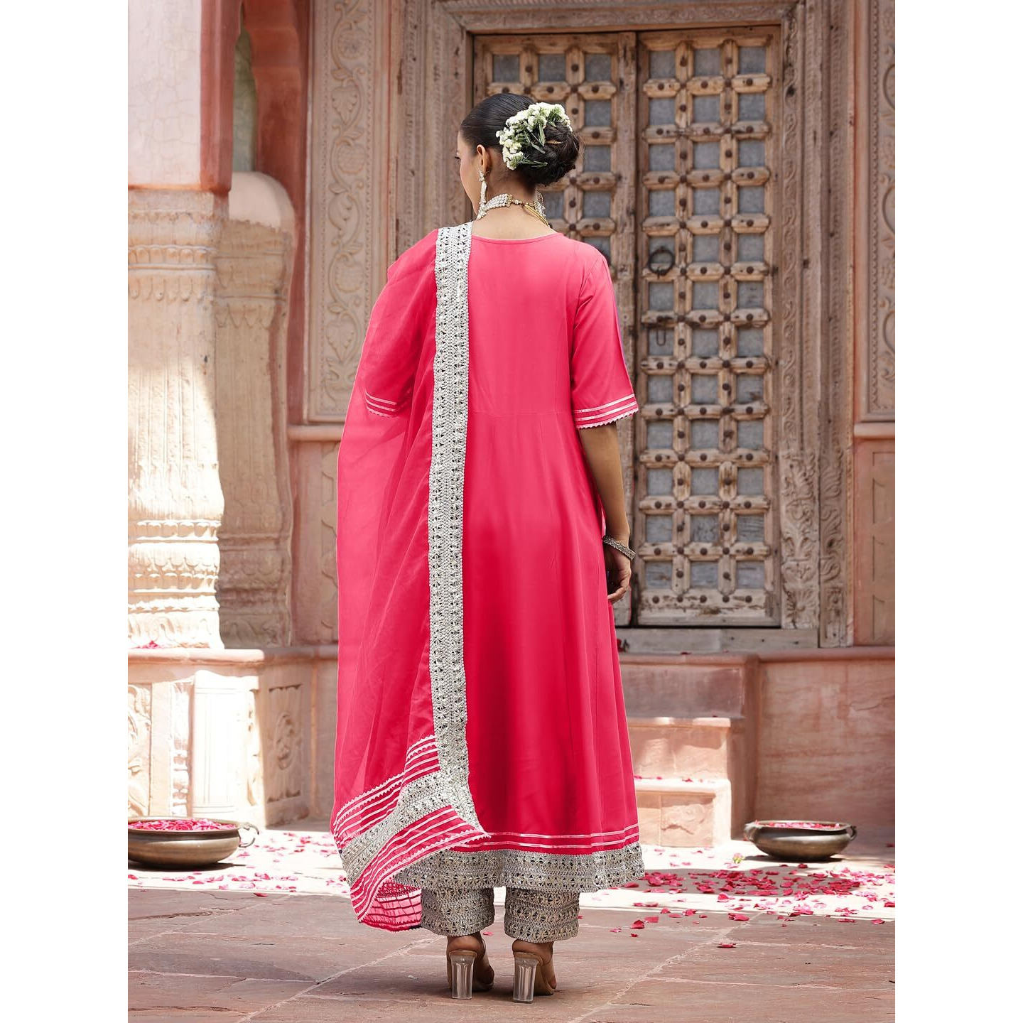 Stylum Women's Solid Rayon Anarkali Kurta Pant & Dupatta Set (KPDPINKKIVI38_Pink, M)