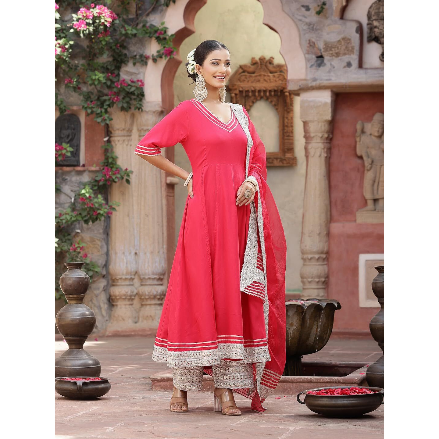 Stylum Women's Solid Rayon Anarkali Kurta Pant & Dupatta Set (KPDPINKKIVI38_Pink, M)