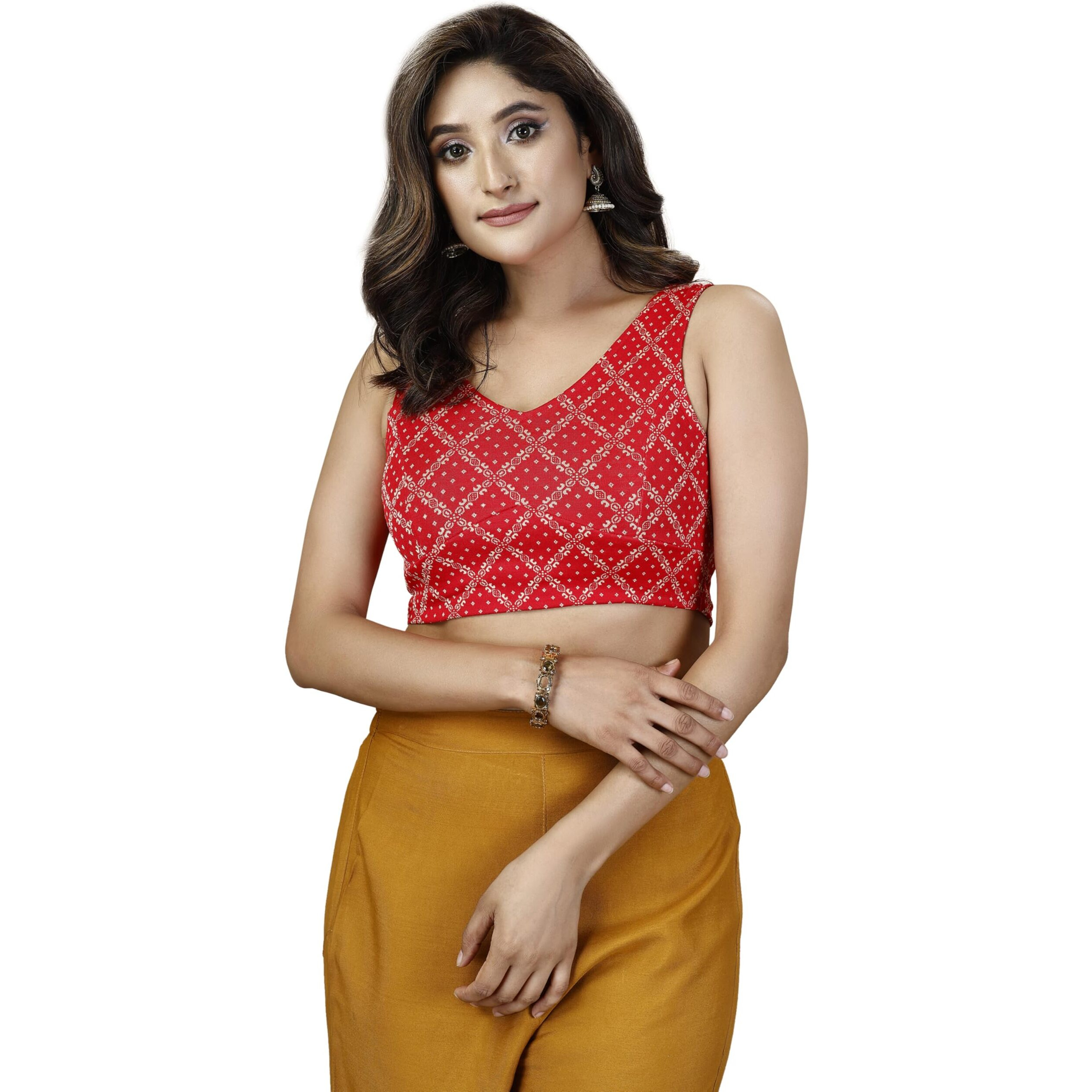 OOMPH Women's Indian Ethnic Wear Designer Bandhani Pattern Zari Work Spoon Neck Sleeveless Red Color Lycra Readymade Blouse for Saree or Lehnga and Fusion Twist. XXL