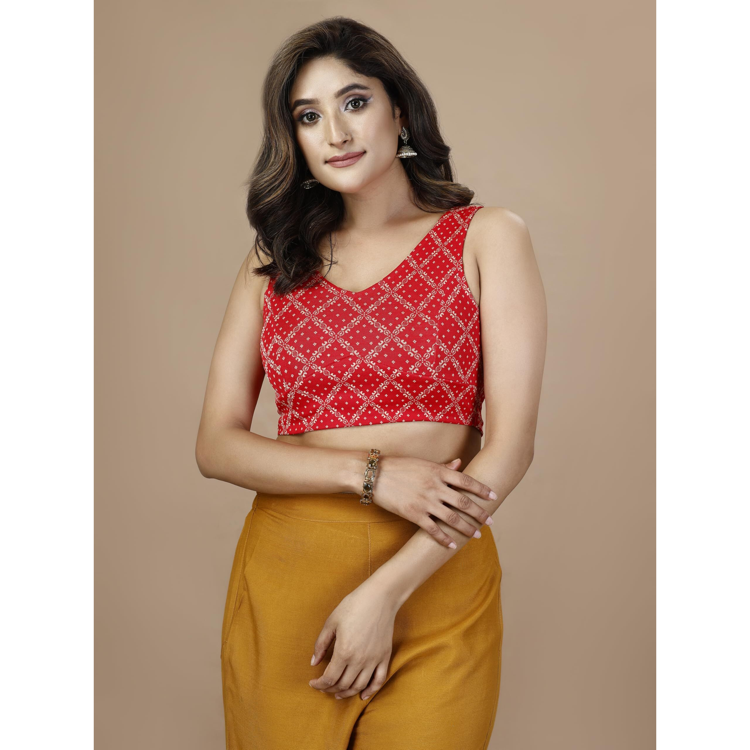 OOMPH Women's Indian Ethnic Wear Designer Bandhani Pattern Zari Work Spoon Neck Sleeveless Red Color Lycra Readymade Blouse for Saree or Lehnga and Fusion Twist. XXL