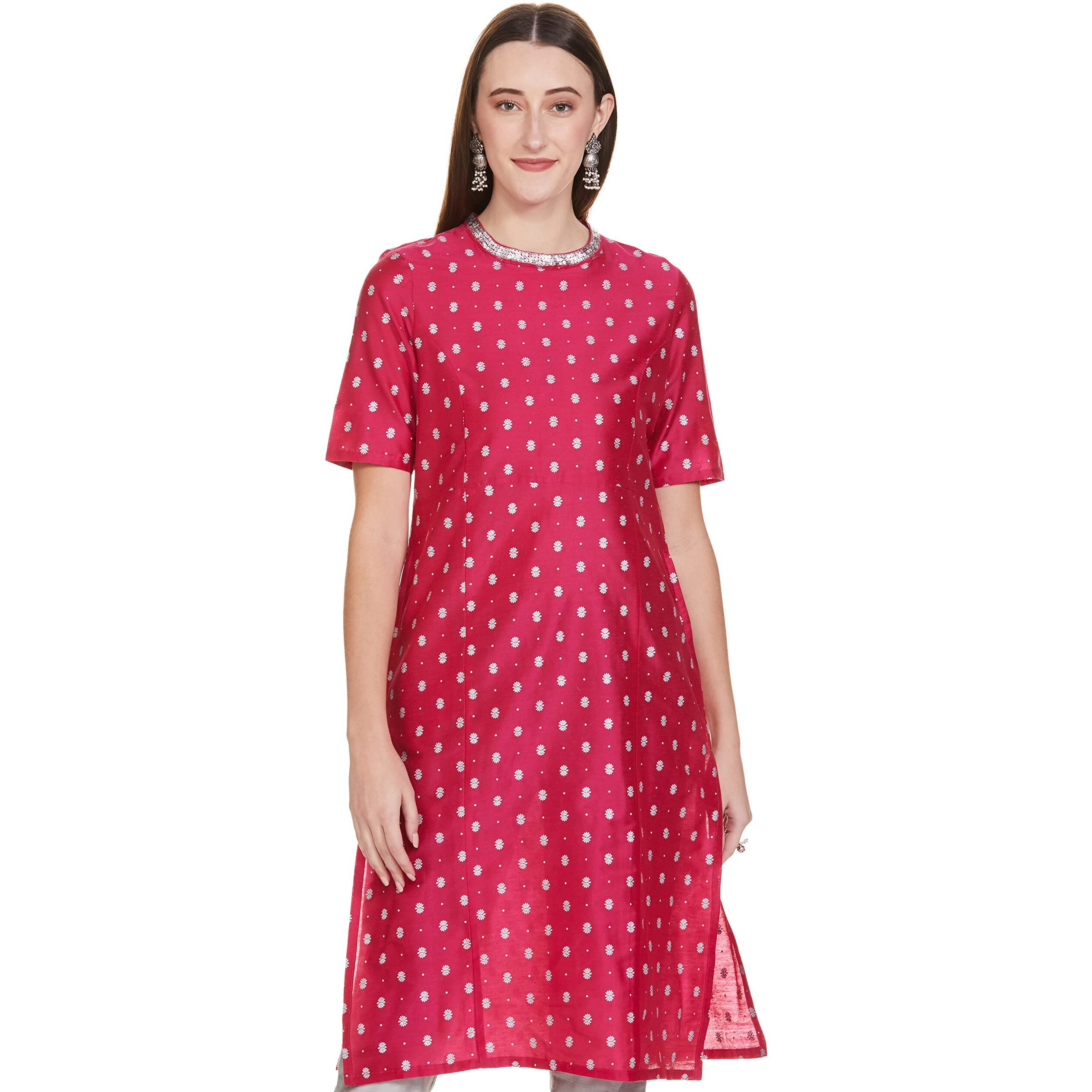 Amazon Brand - Tavasya Women's Polyester Straight Festive Kurti (PAG 154_CHOTI BOOTI (Fuschia) _4XL)