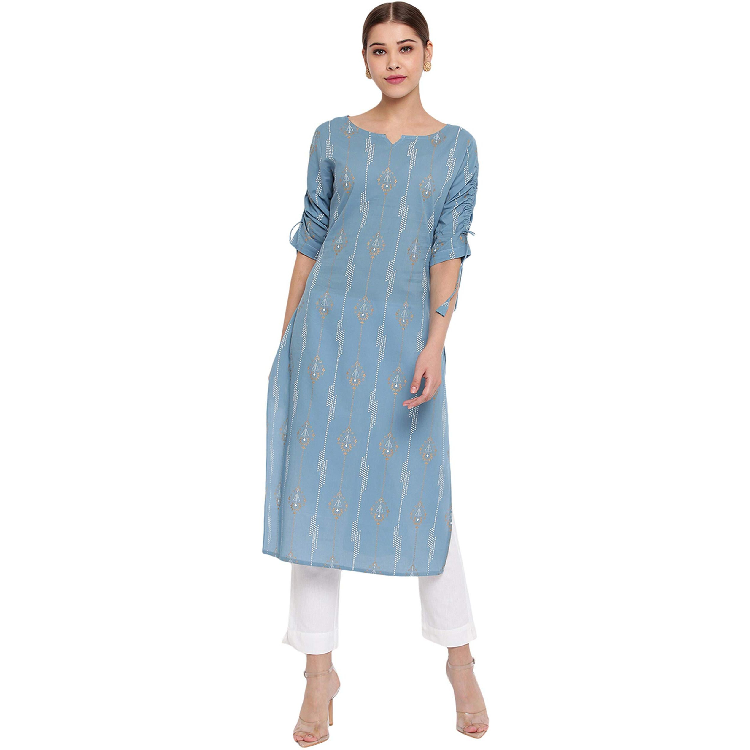 Janasya Women's Blue Pure Cotton Ethnic Motifs Straight Kurta (JNE3560-KR-XL)