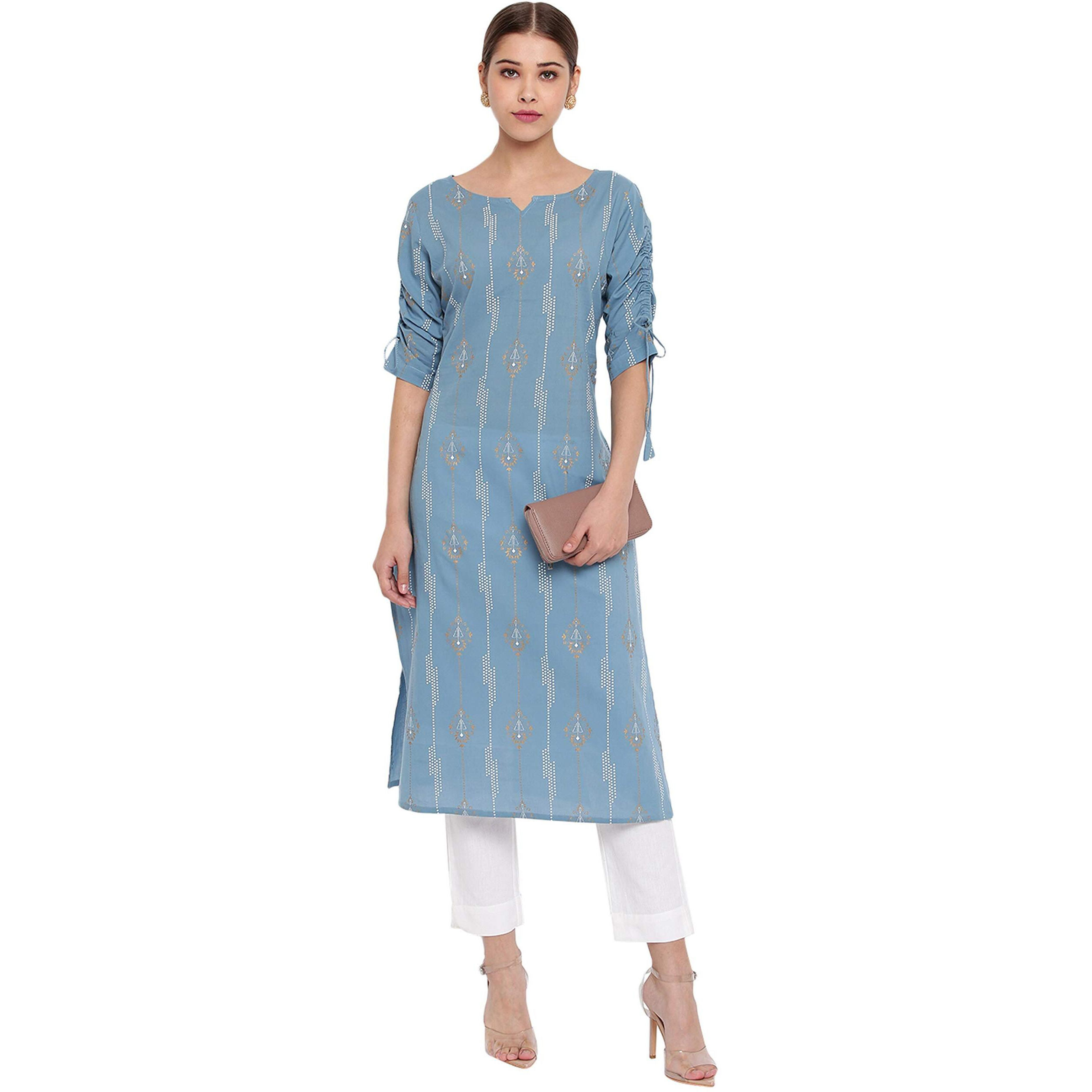 Janasya Women's Blue Pure Cotton Ethnic Motifs Straight Kurta (JNE3560-KR-XL)