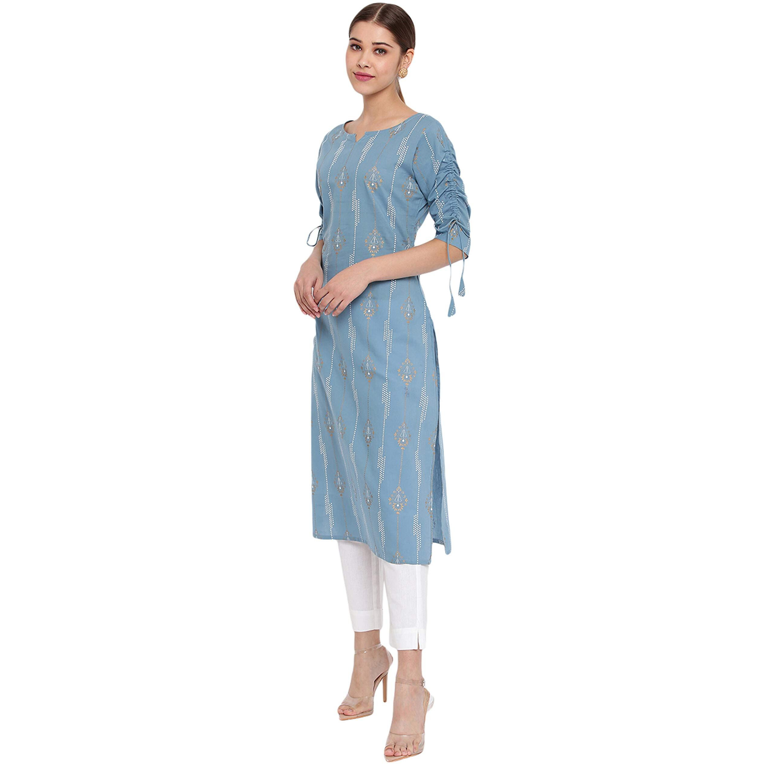 Janasya Women's Blue Pure Cotton Ethnic Motifs Straight Kurta (JNE3560-KR-XL)