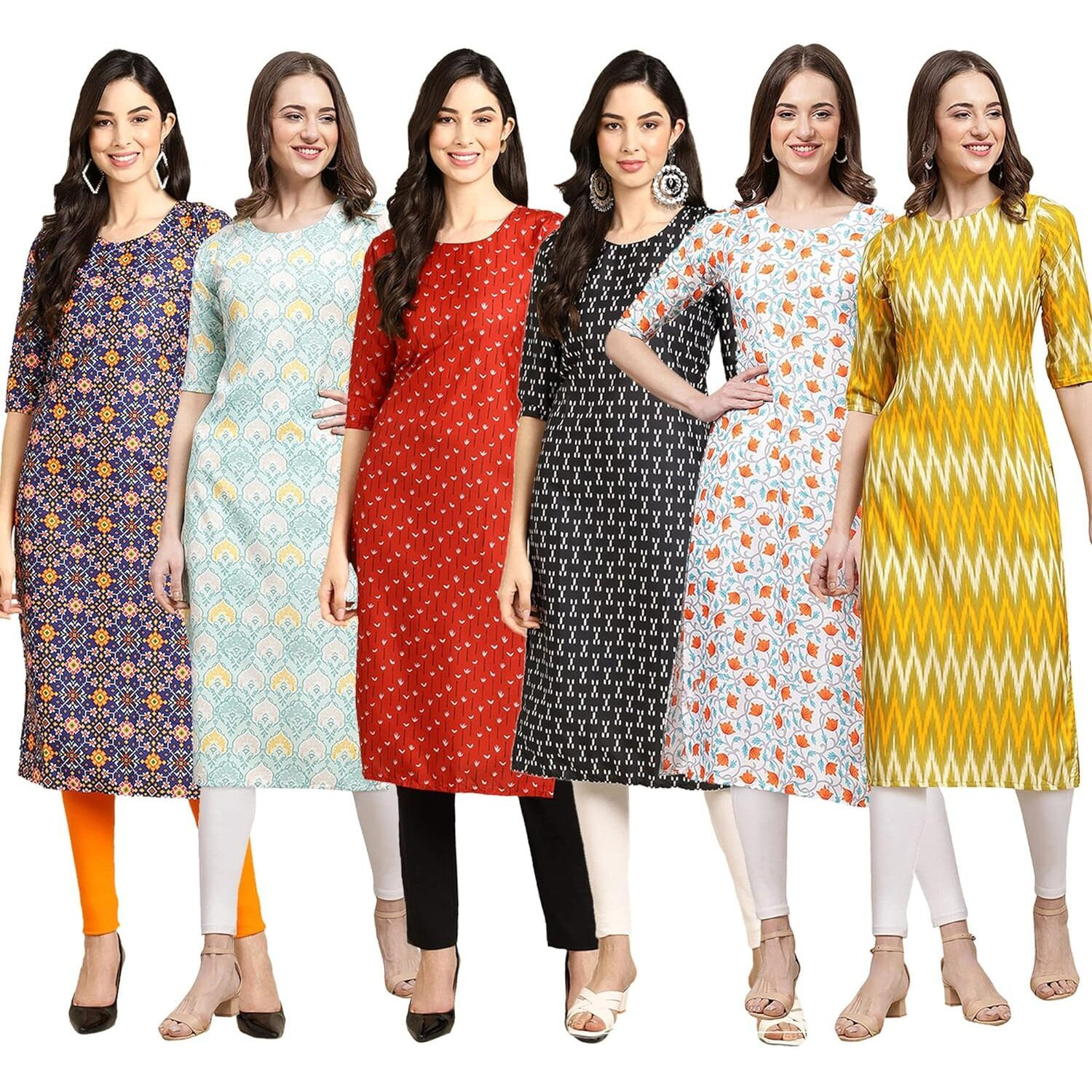 Pinkmint Women's Crepe Digital Print Straight Kurta Pack of 6 [CR-369-343-370-362-334-329-L]