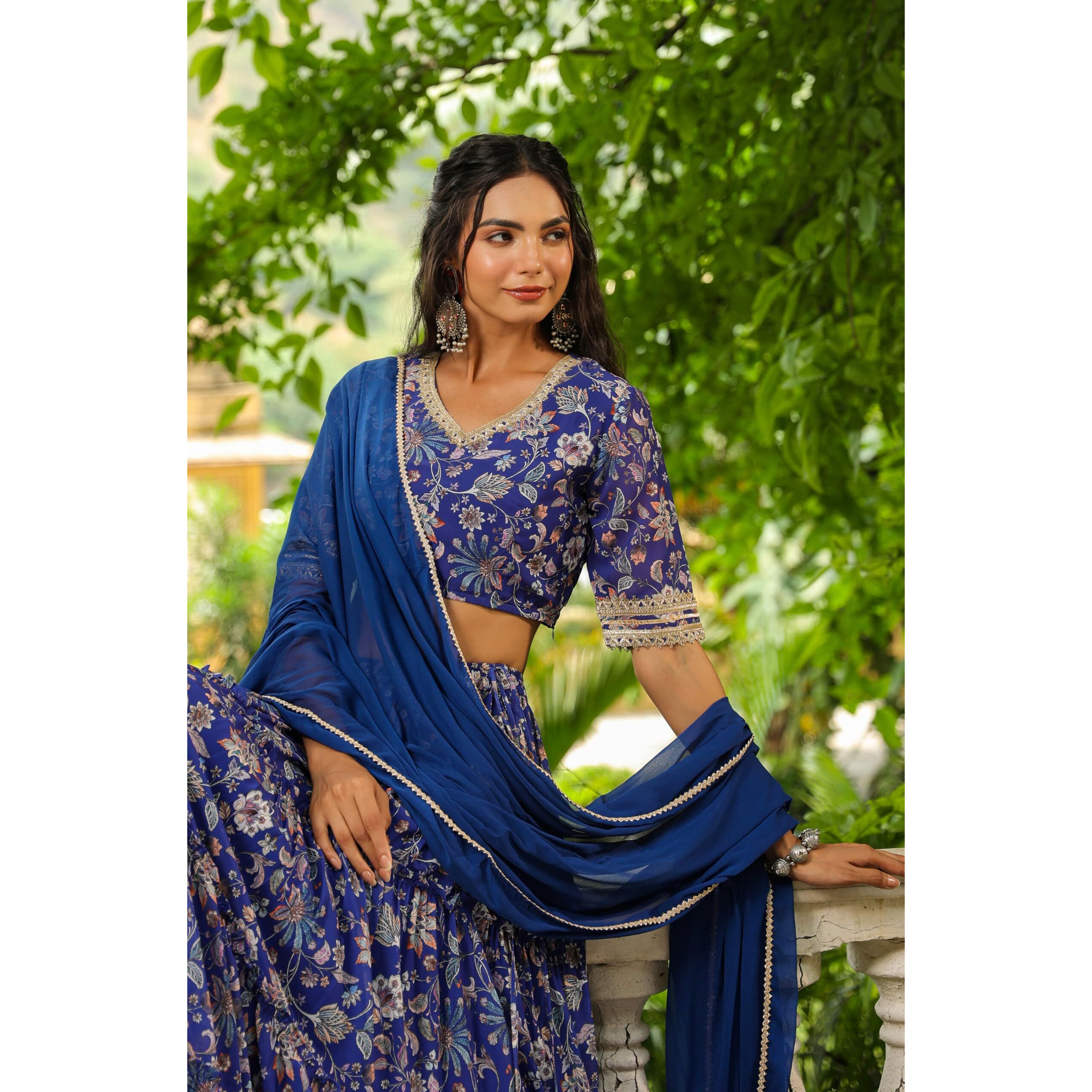 Janasya Women's Blue Georgette Floral Printed Tiered Lehenga Choli Set (JAB24LC00568-XS)