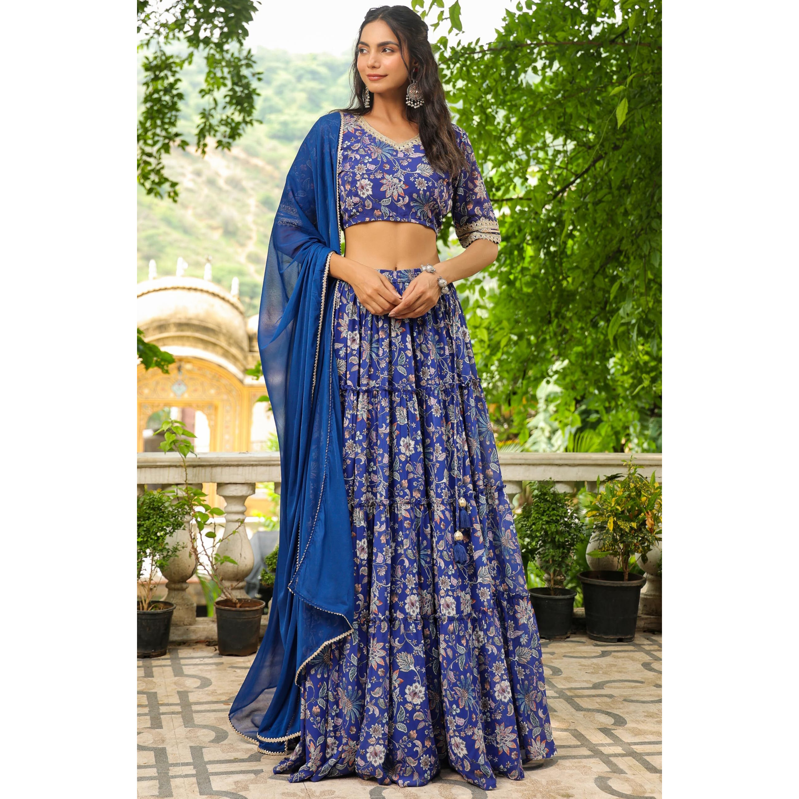 Janasya Women's Blue Georgette Floral Printed Tiered Lehenga Choli Set (JAB24LC00568-XS)
