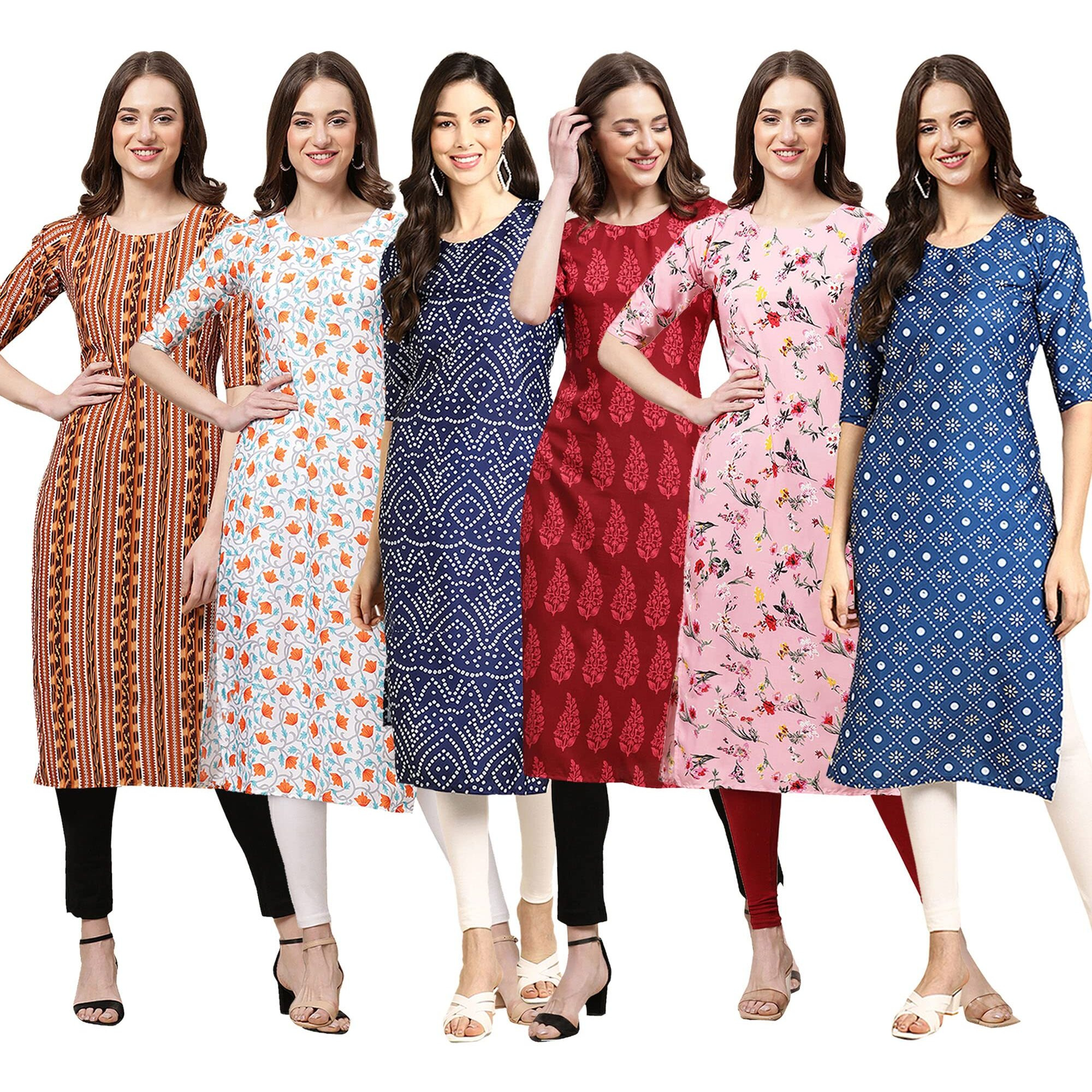 Pinkmint Women's Crepe Digital Print Straight Kurta Pack of 6 [CR-344-334-366-337-339-353-M]