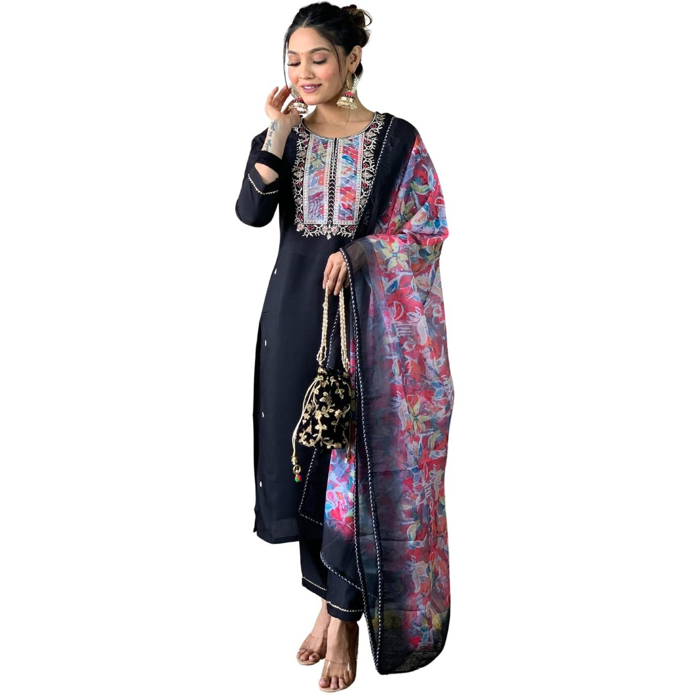 Naixa Women's Black Rayon Slub Embroidered Straight Kurta with Rayon Slub Pant and Organza Dupatta Sets (NX-543-Black-3XL)