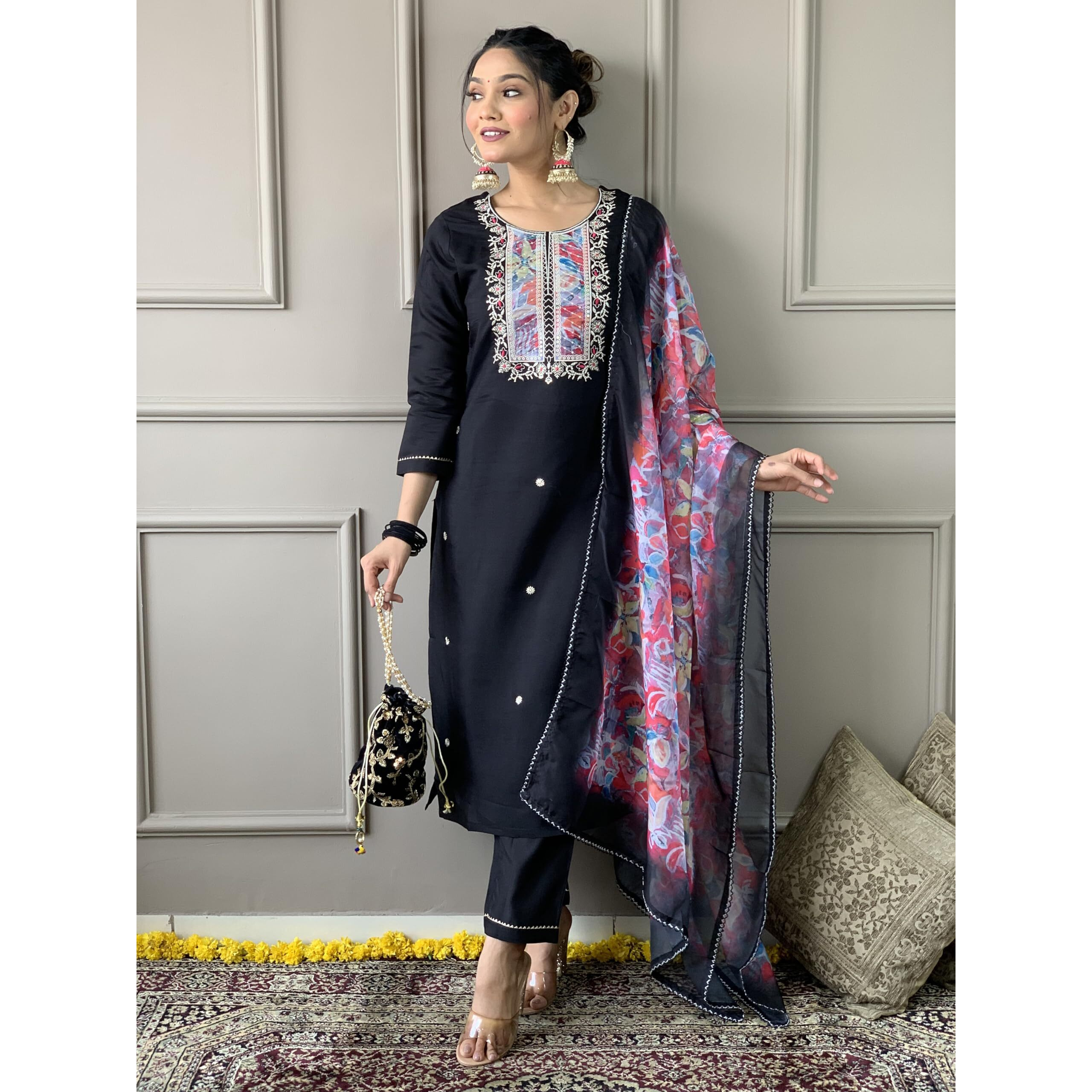 Naixa Women's Black Rayon Slub Embroidered Straight Kurta with Rayon Slub Pant and Organza Dupatta Sets (NX-543-Black-3XL)