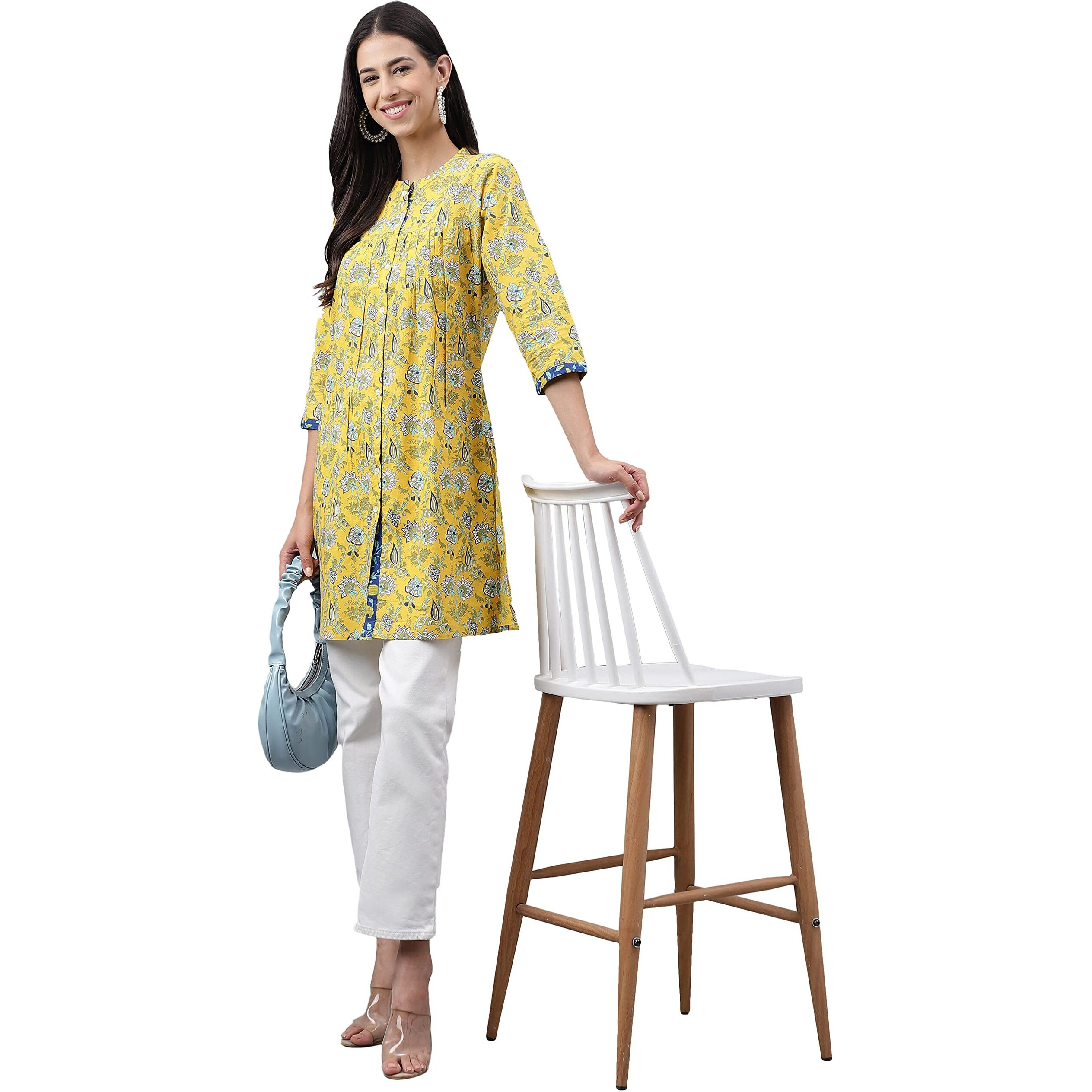 Janasya Women's Yellow Cotton Floral Print Empire Tunic(JNE4104-TU-A-XS)
