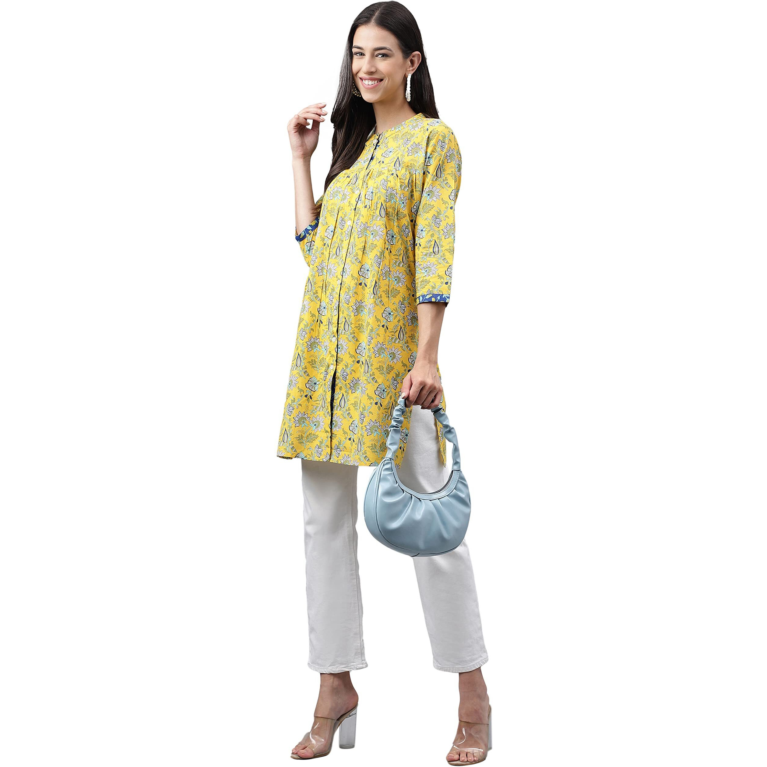 Janasya Women's Yellow Cotton Floral Print Empire Tunic(JNE4104-TU-A-XS)