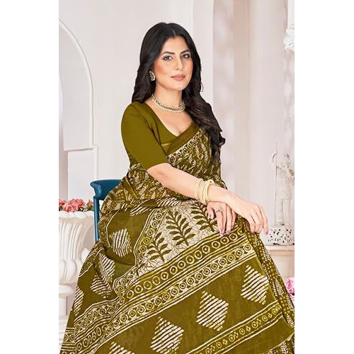 Tamaira Fashion Women's Plain Cotton Saree (2499_Mehendi