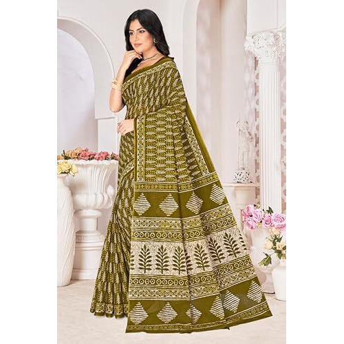 Tamaira Fashion Women's Plain Cotton Saree (2499_Mehendi