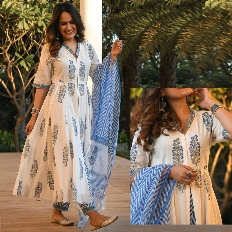 Pinkmint Women Cotton Blend Kurta Set l White Anarkali Kurti's l Stylish Women's Dress l Fancy Kurta Set (Pack of 1)
