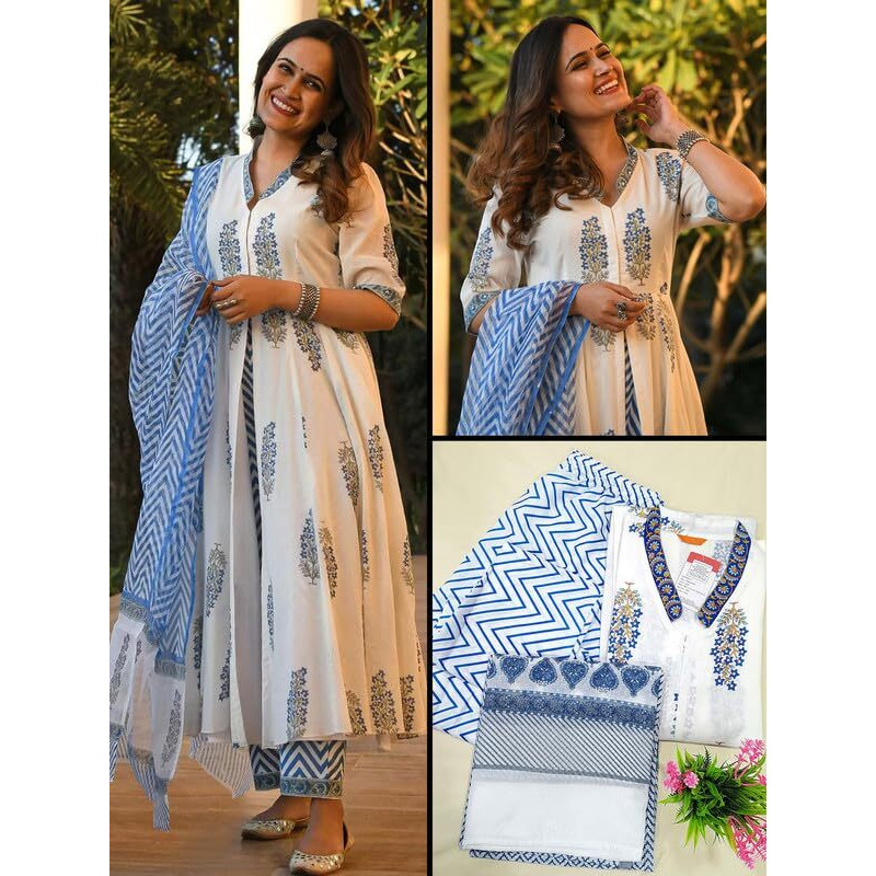Pinkmint Women Cotton Blend Kurta Set l White Anarkali Kurti's l Stylish Women's Dress l Fancy Kurta Set (Pack of 1)