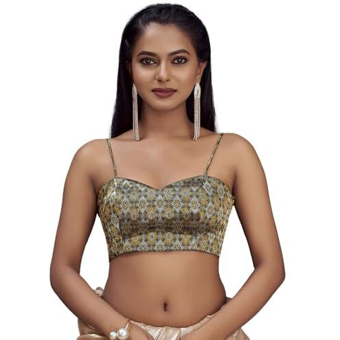 Vardha Women's Brocade Sleeveless Padded Saree Blouse for Women, Readymade Black Blouse with Gold Zari