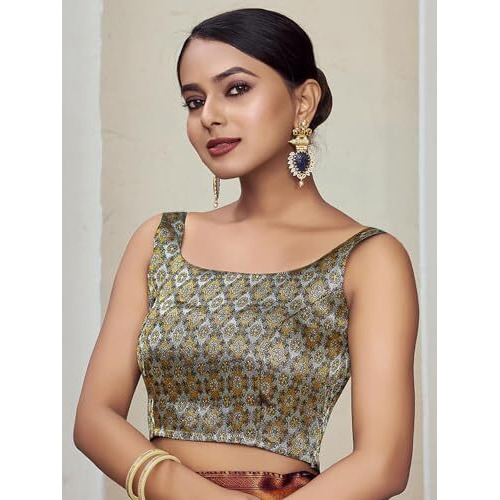 Vardha Women's Brocade Sleeveless Padded Saree Blouse for Women, Readymade Black Blouse with Gold Zari