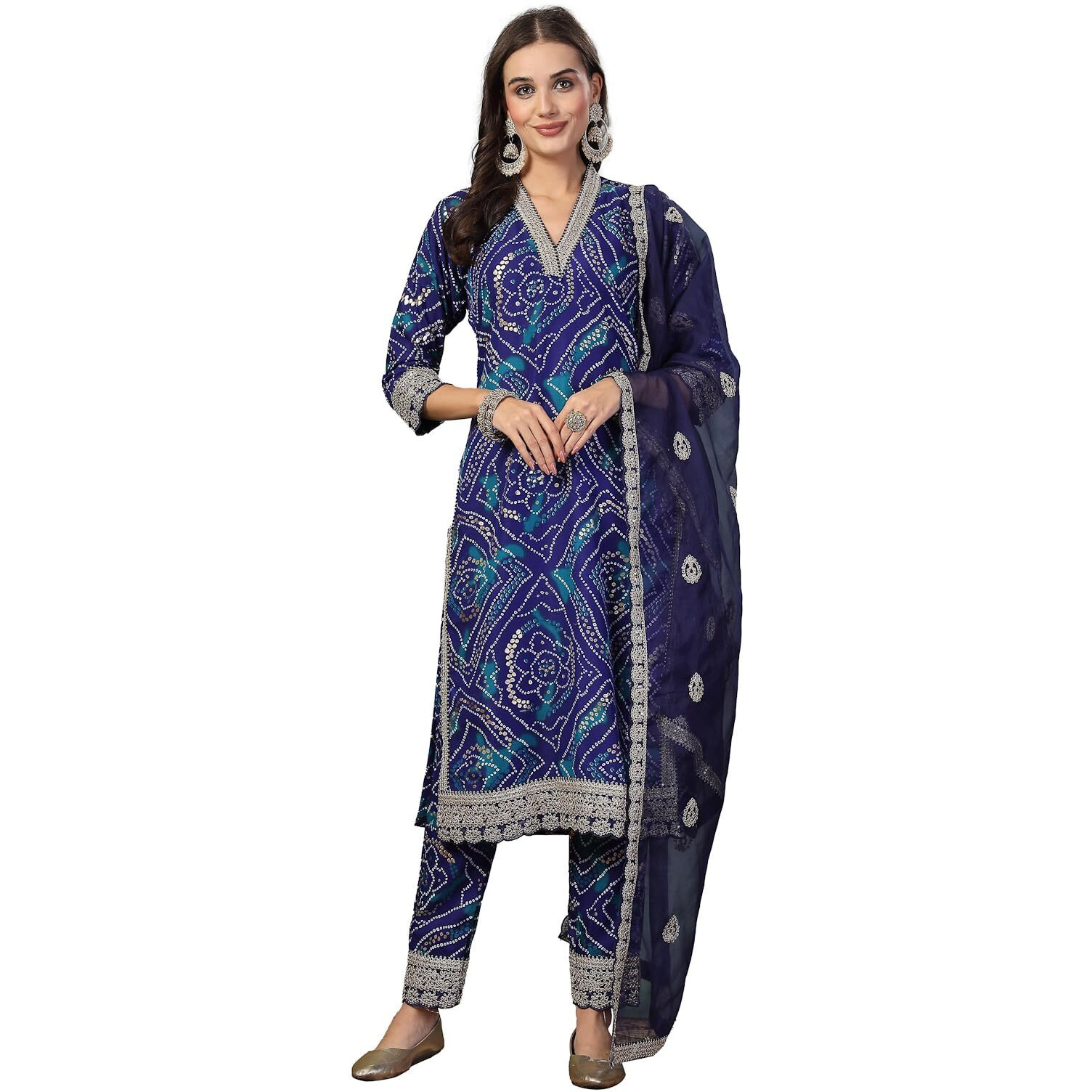 Stylum Women's Bandhani Print & Embroidered Muslin Straight Kurta Pant Dupatta Set (KPDBLUEBANNO36_Blue, S)