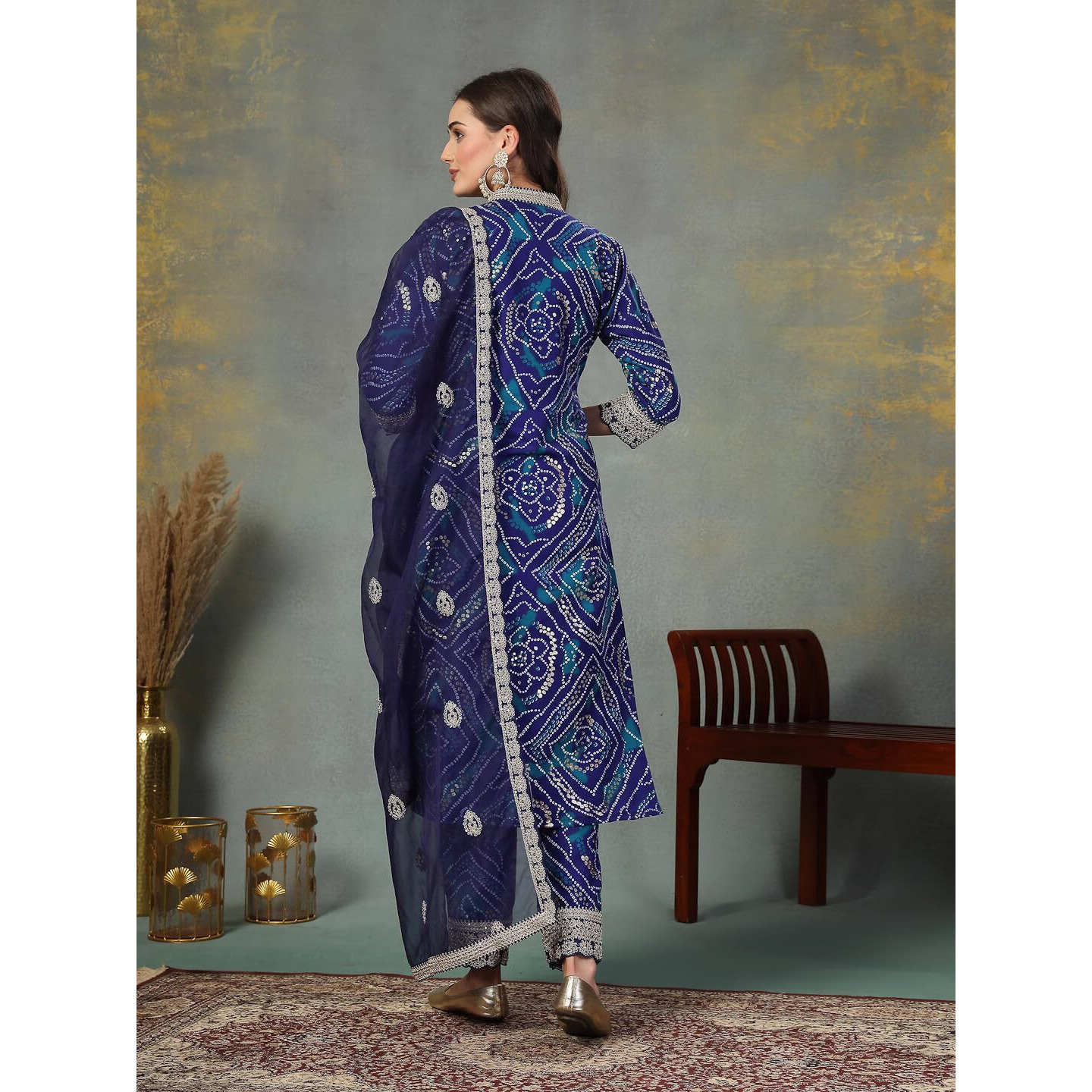 Stylum Women's Bandhani Print & Embroidered Muslin Straight Kurta Pant Dupatta Set (KPDBLUEBANNO36_Blue, S)